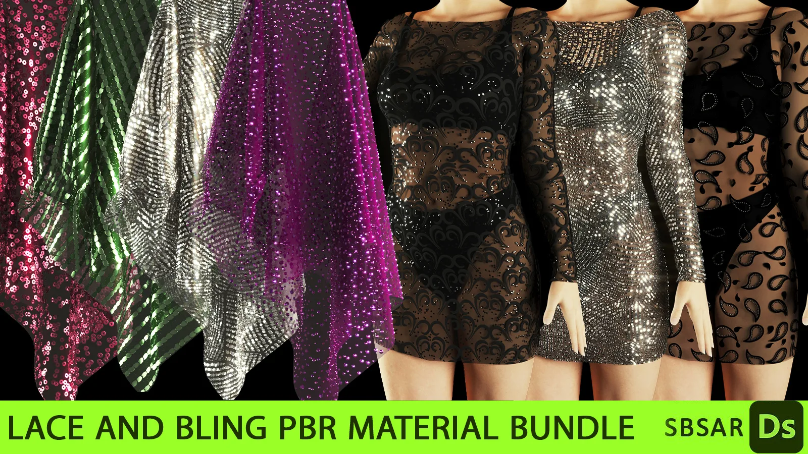 Lace and bling fabric PBR material bundle (SBSAR + 4K textures)