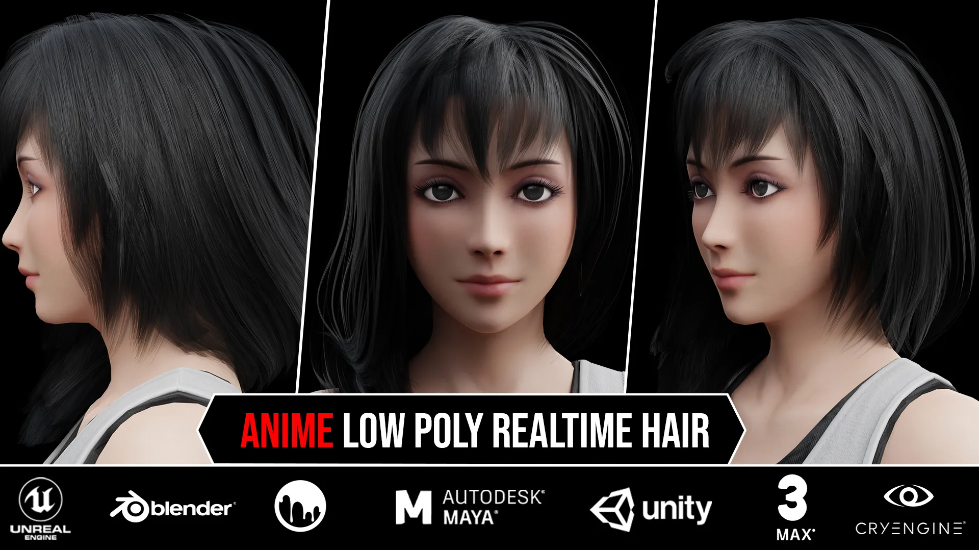 6 Anime Low Poly Realtime Hair Cards 1$ For Each Model