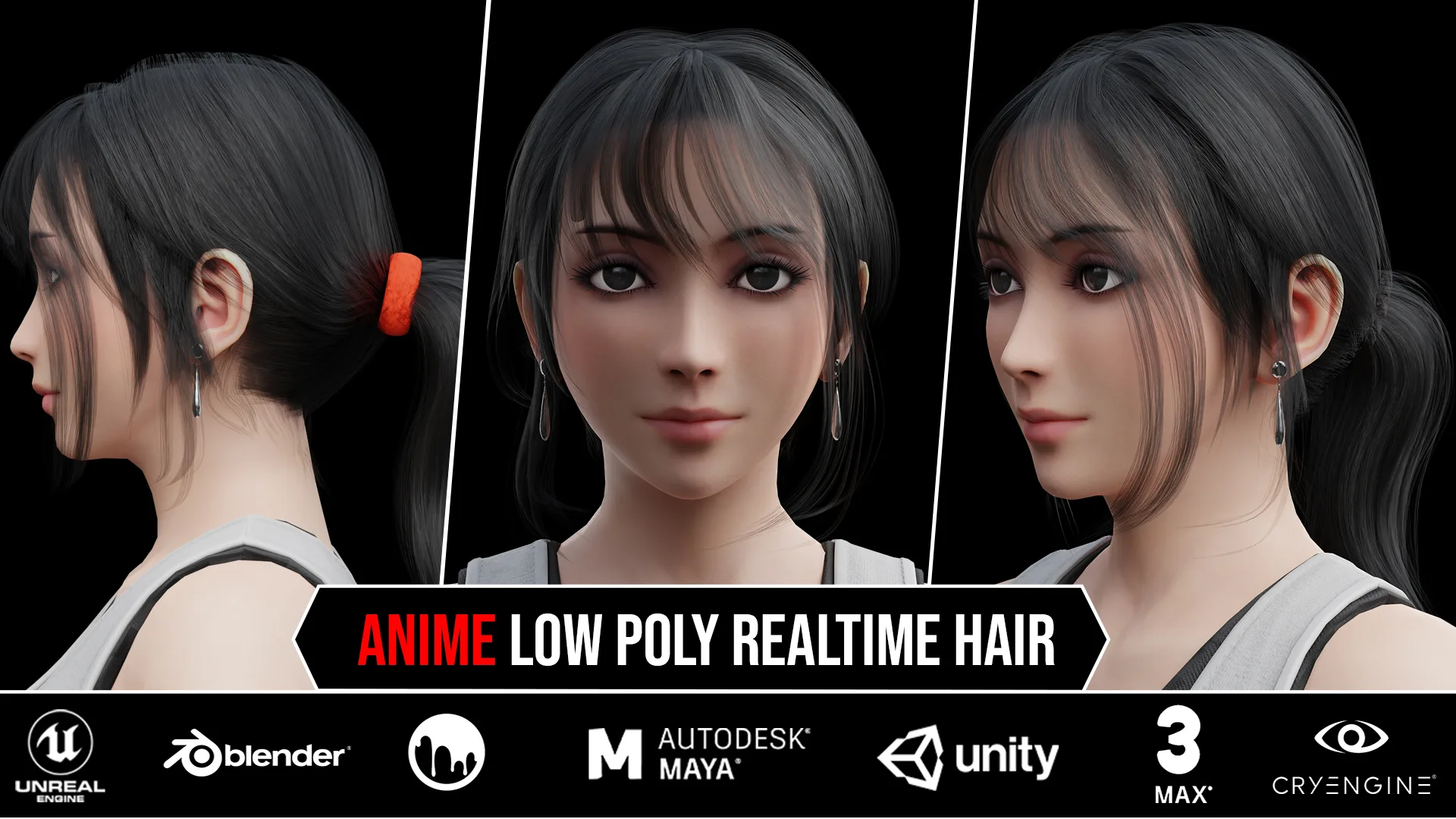 6 Anime Low Poly Realtime Hair Cards 1$ For Each Model