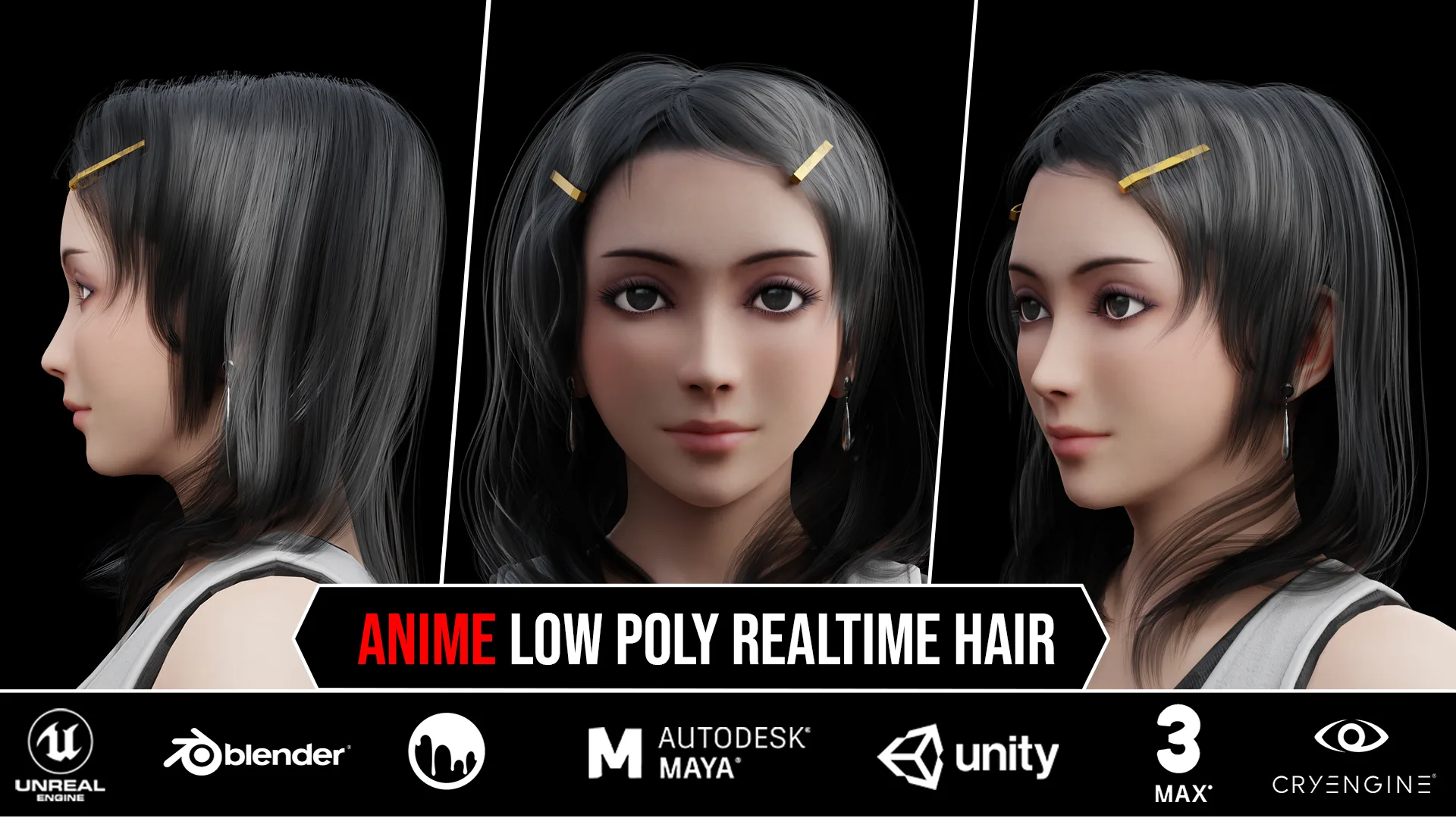 6 Anime Low Poly Realtime Hair Cards 1$ For Each Model