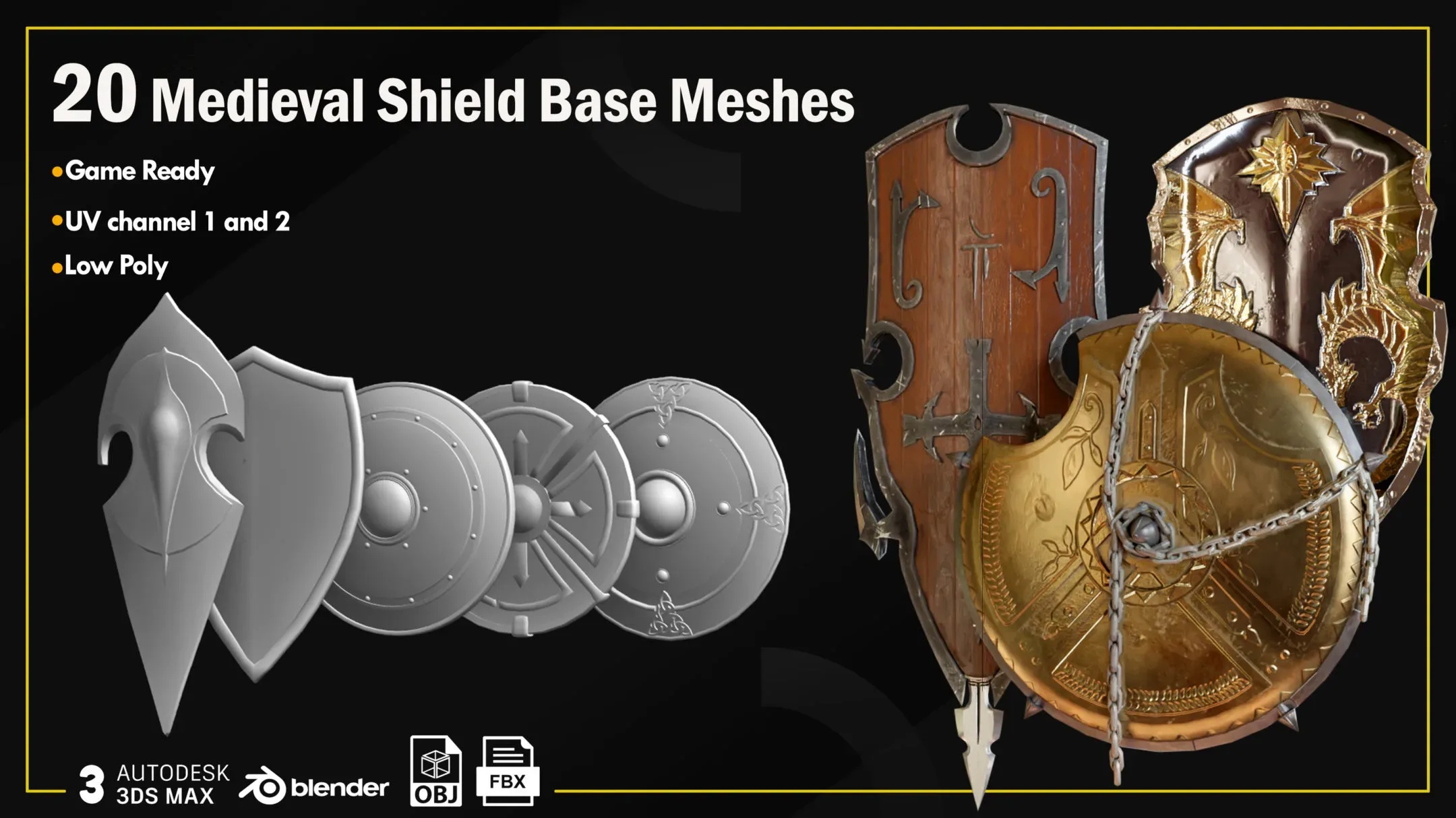 20 Medieval Shield Base Meshes