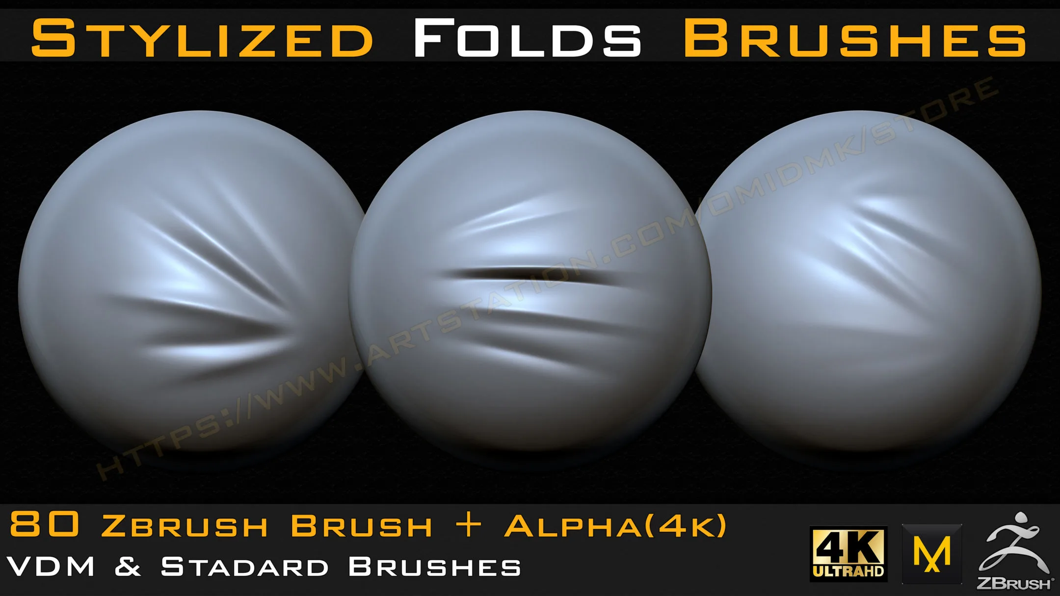 80 Stylized Fold and Seam, Stitch Brushes & Alpha (4k-16bit )