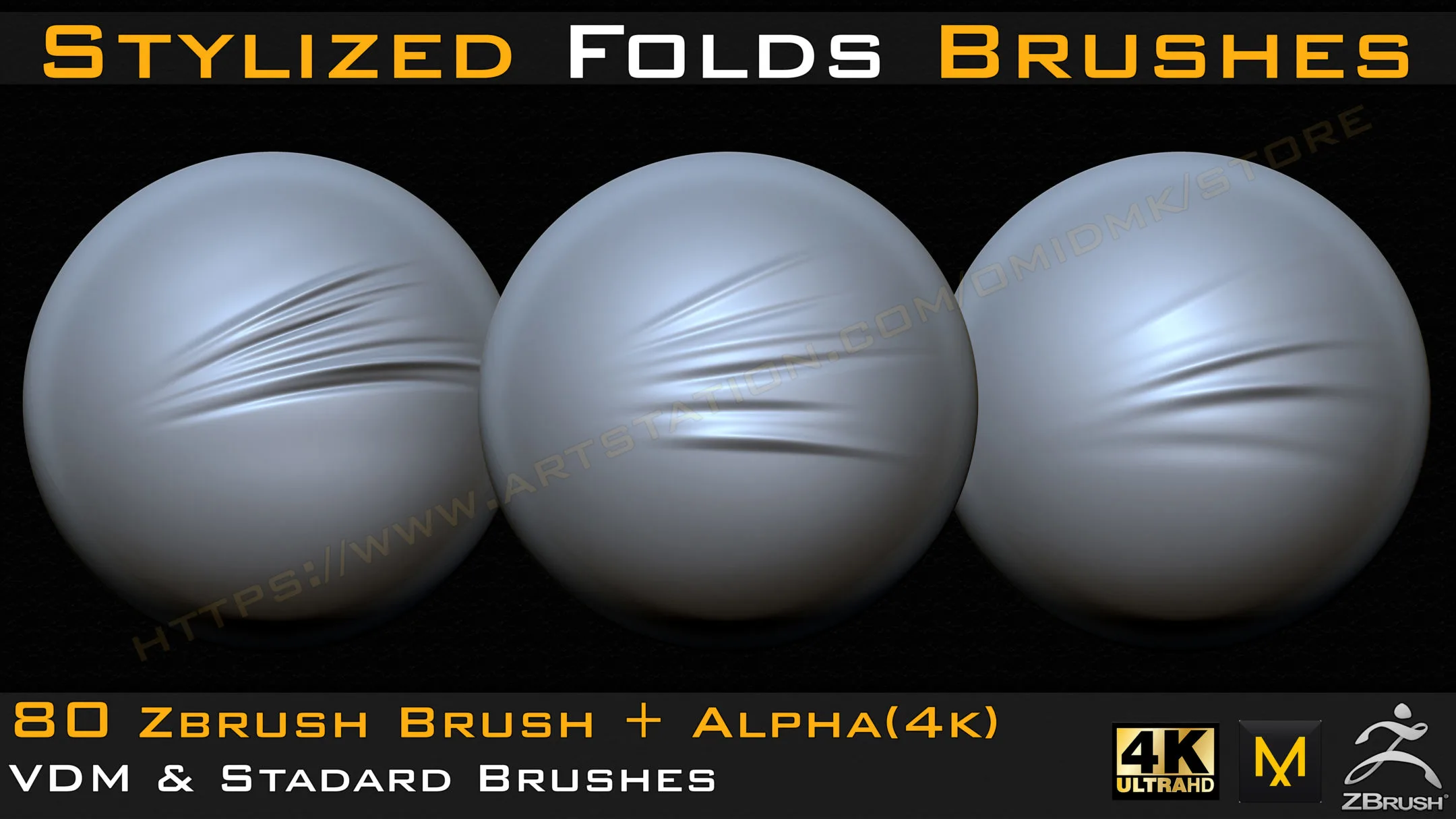 80 Stylized Fold and Seam, Stitch Brushes & Alpha (4k-16bit )