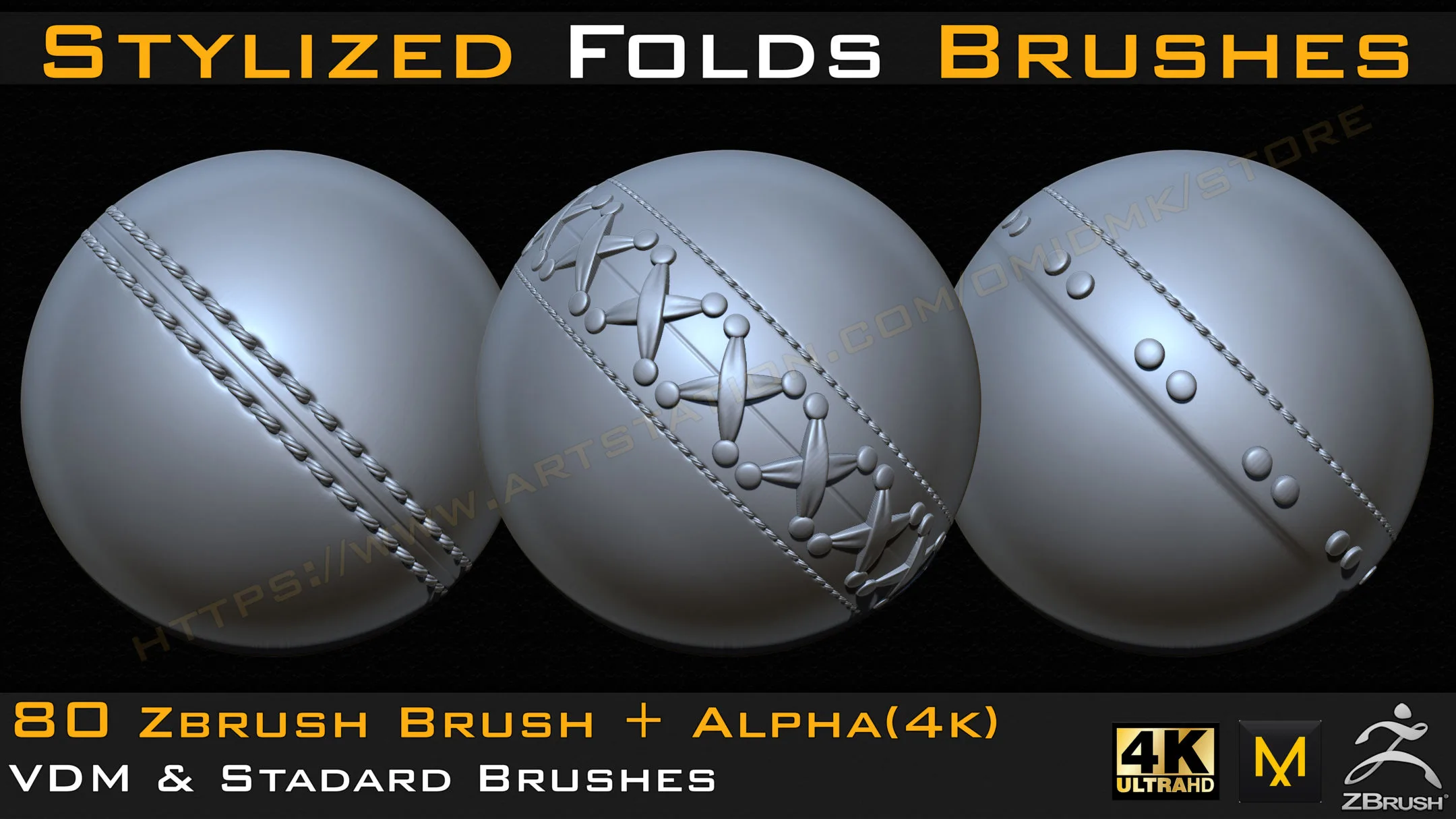 80 Stylized Fold and Seam, Stitch Brushes & Alpha (4k-16bit )