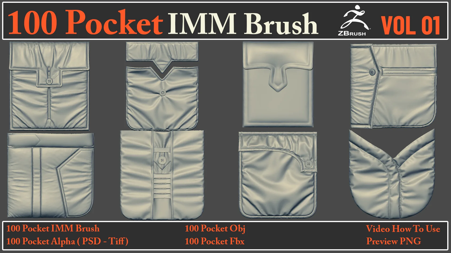 100 Pocket IMM Brush + 100 FBX , OBJ Files