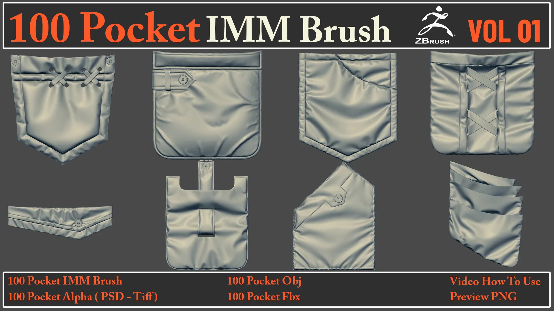 100 Pocket IMM Brush + 100 FBX , OBJ Files