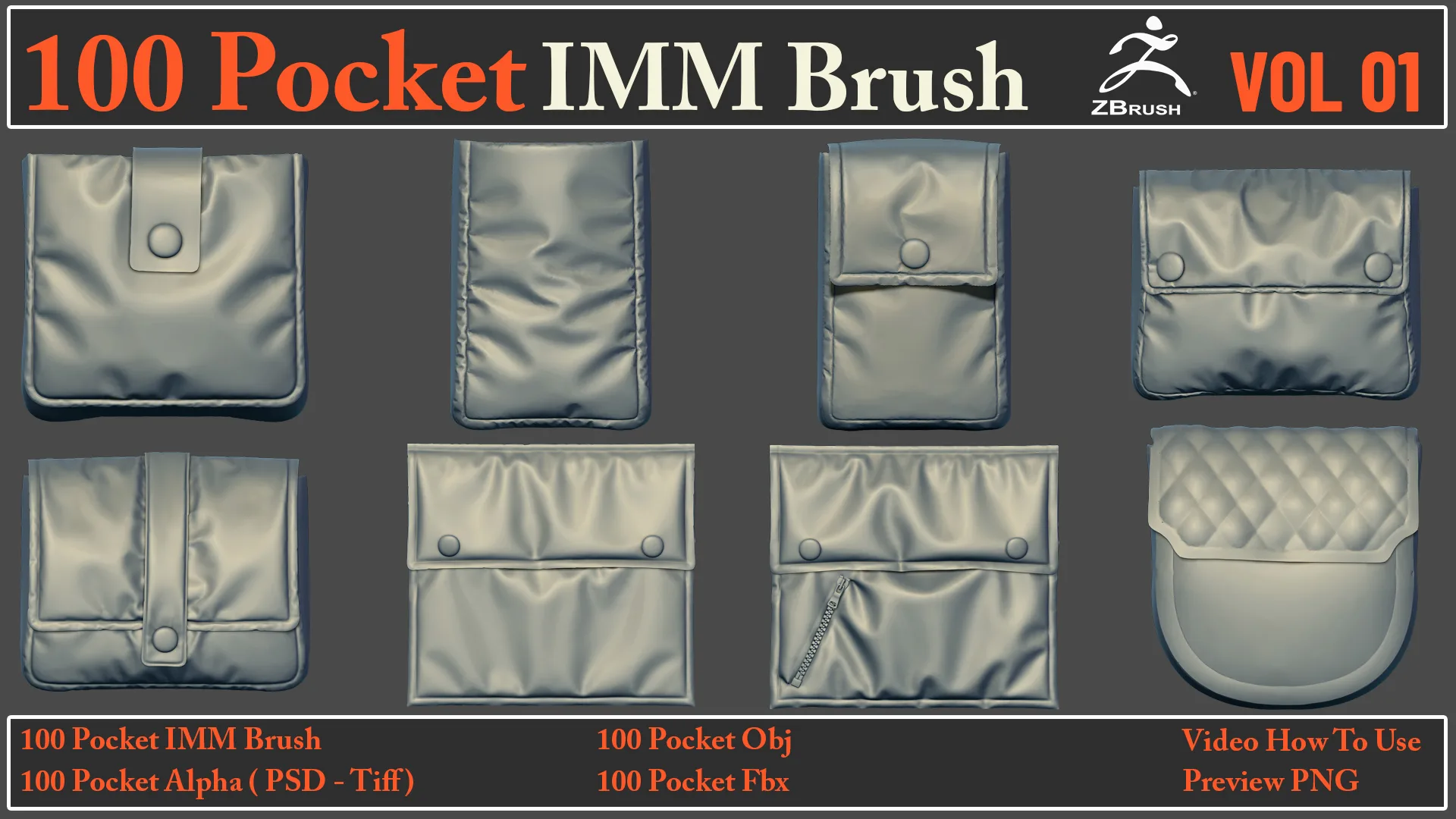 100 Pocket IMM Brush + 100 FBX , OBJ Files