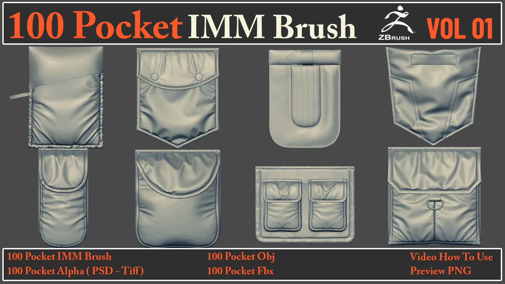 100 Pocket IMM Brush + 100 FBX , OBJ Files
