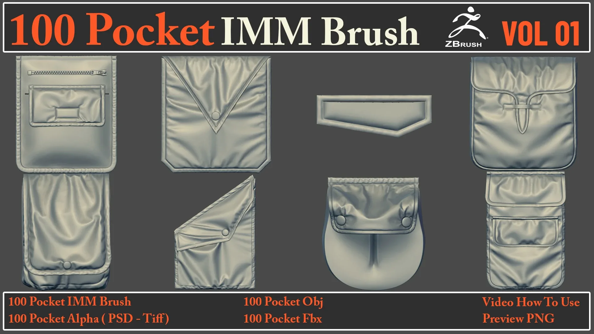 100 Pocket IMM Brush + 100 FBX , OBJ Files