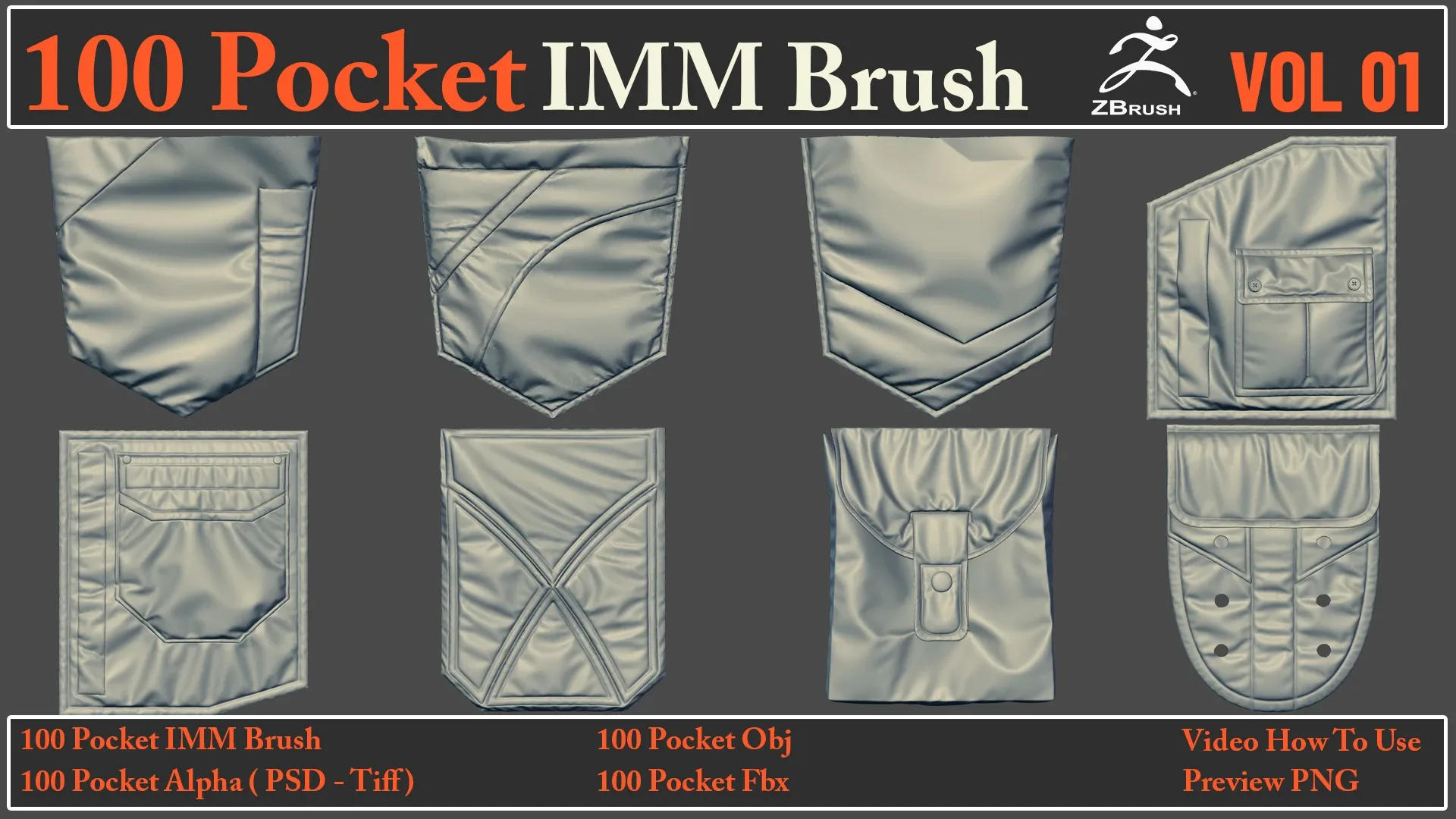 100 Pocket IMM Brush + 100 FBX , OBJ Files