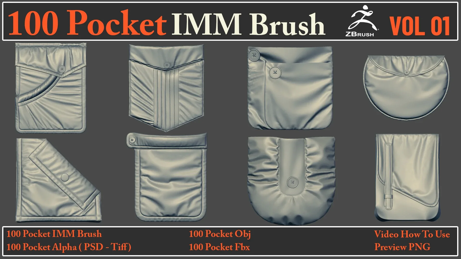 100 Pocket IMM Brush + 100 FBX , OBJ Files