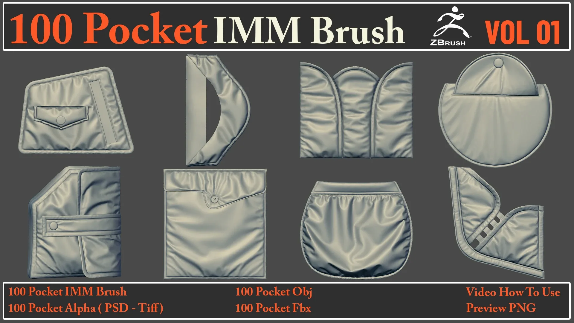 100 Pocket IMM Brush + 100 FBX , OBJ Files