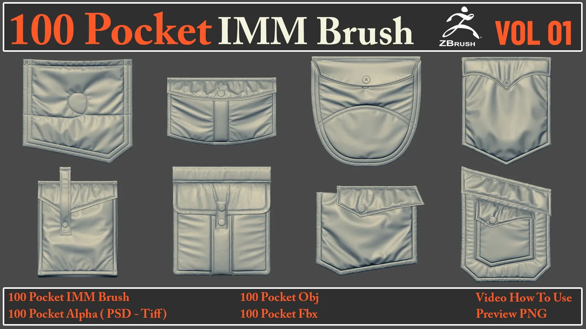 100 Pocket IMM Brush + 100 FBX , OBJ Files