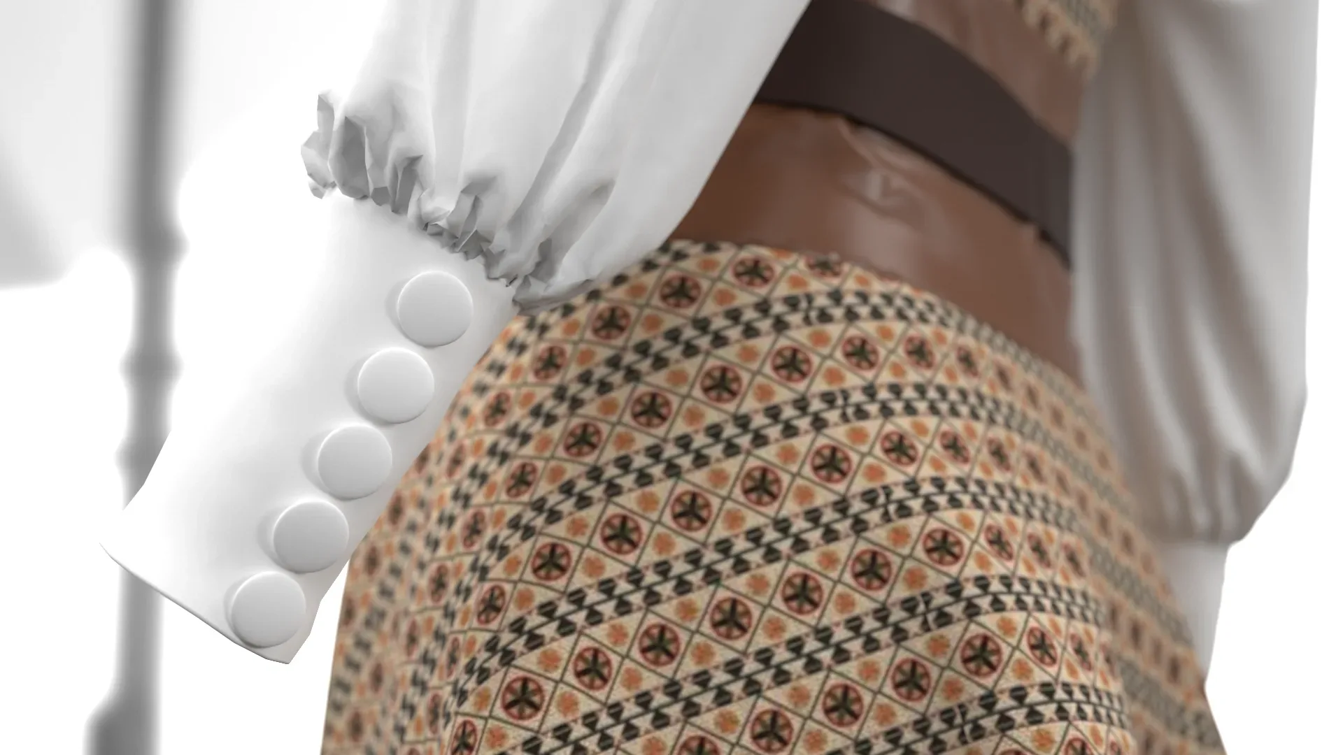 Women's jumpsuit with brown motifs and white sleeves