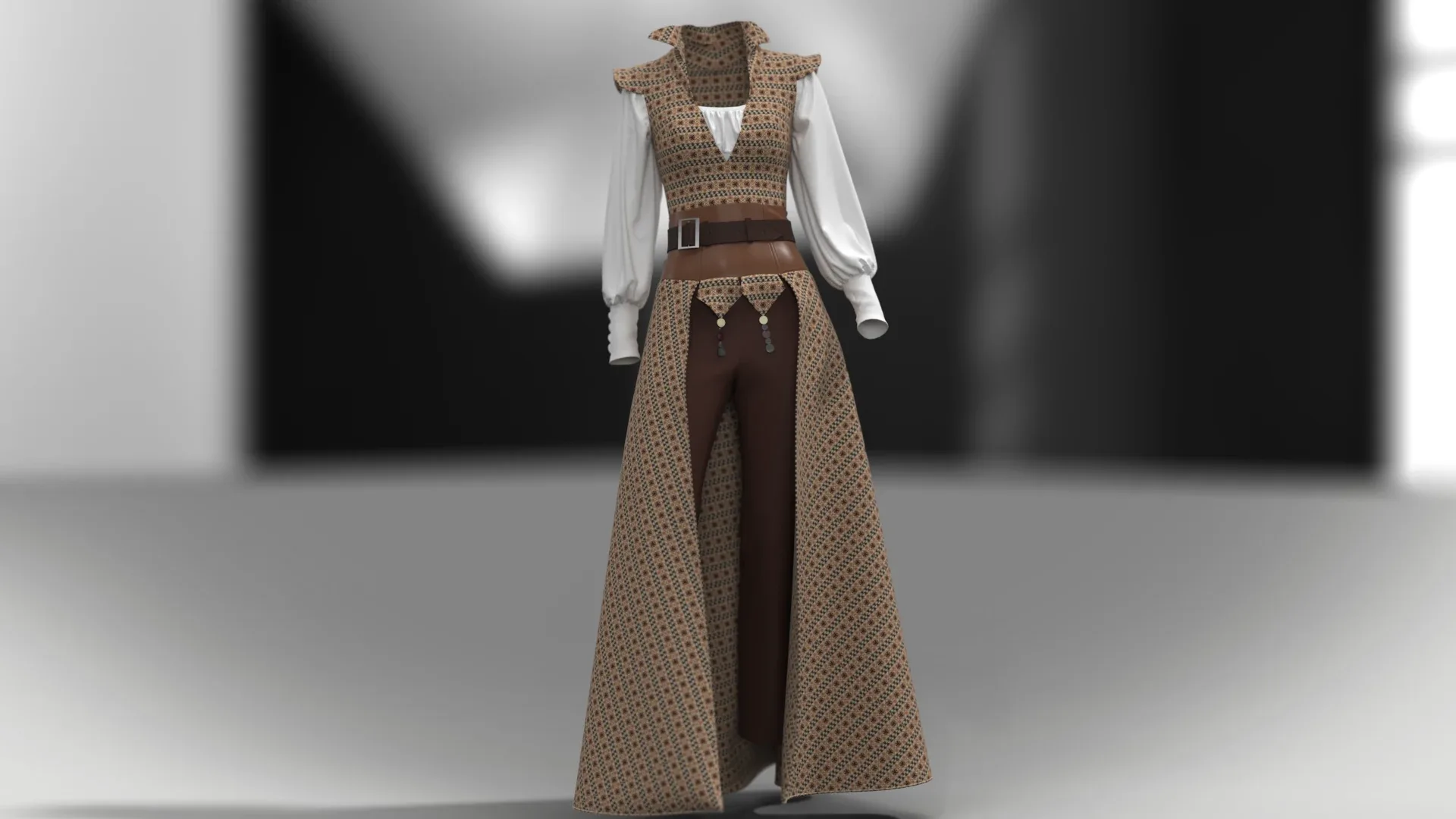 Women's jumpsuit with brown motifs and white sleeves