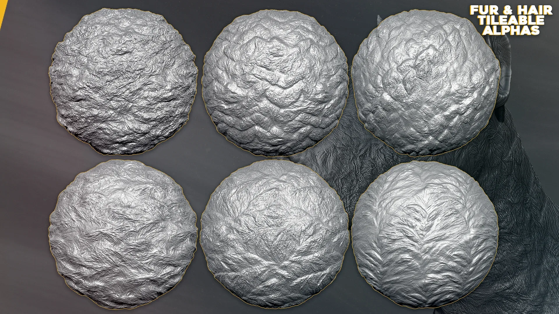 31 Fur and Hair Alphas (Tileable, Displacement Map) vol.4 for ZBrush, Substance