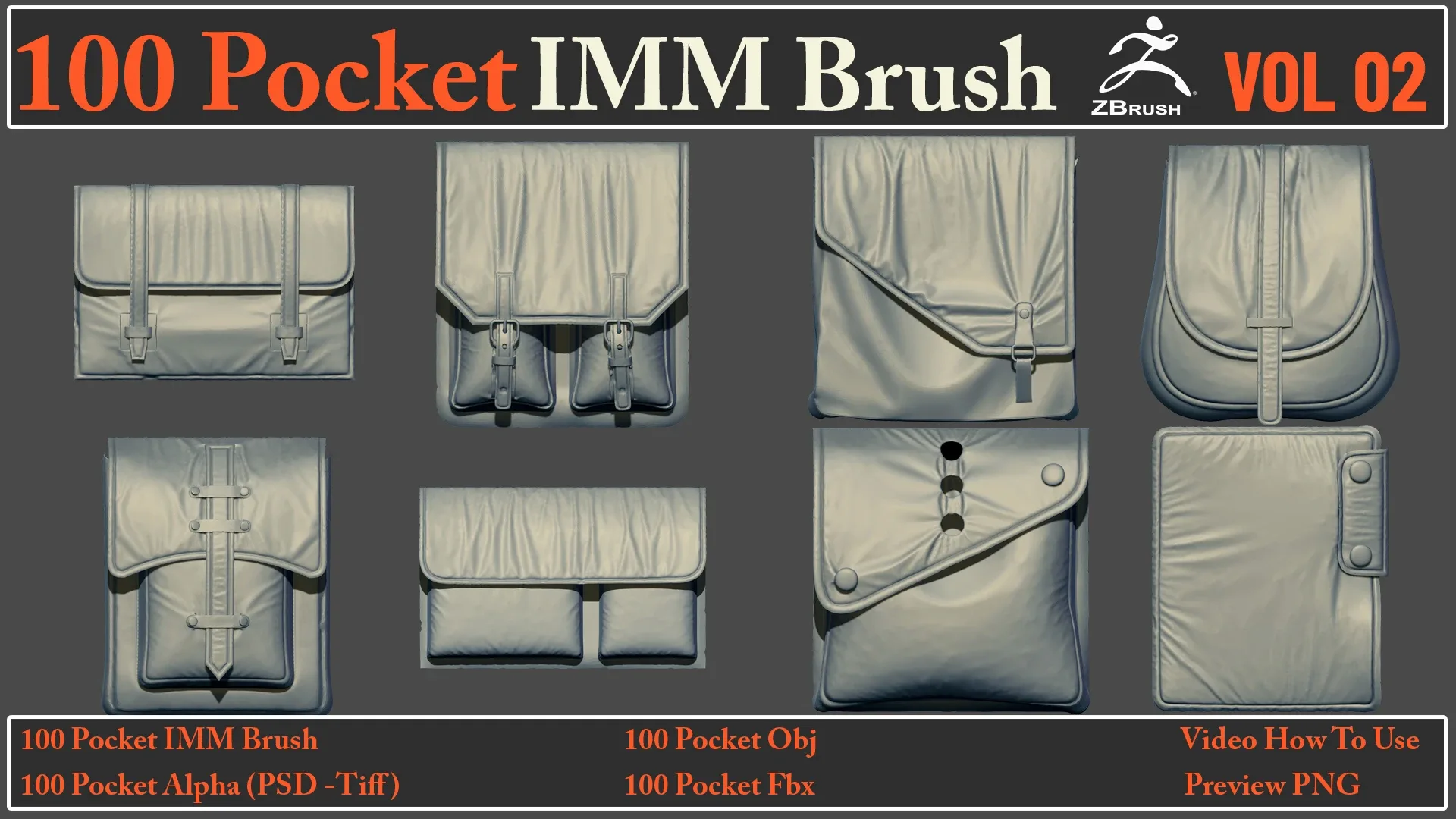 100 Pocket IMM Brush VOL02+ 100 FBX , OBJ Files