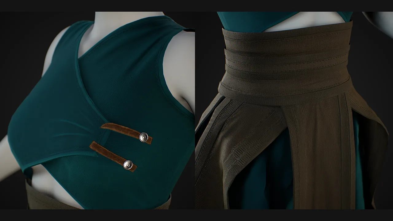 Female Medieval Outfit / Marvelous Designer Clo3d Project + OBJ , FBX (Game Ready)