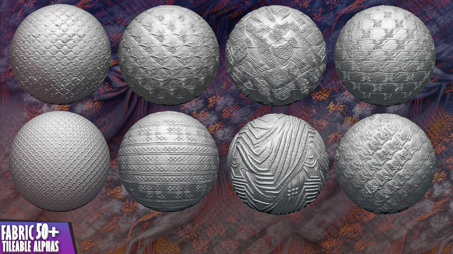 50+ Fabric Tileable Alphas Vol.11 (ZBrush, Substance, Displacement Map)