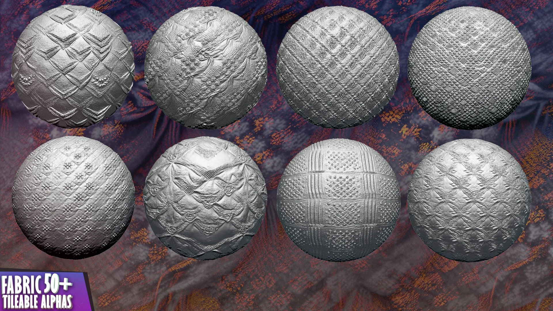 50+ Fabric Tileable Alphas Vol.11 (ZBrush, Substance, Displacement Map)