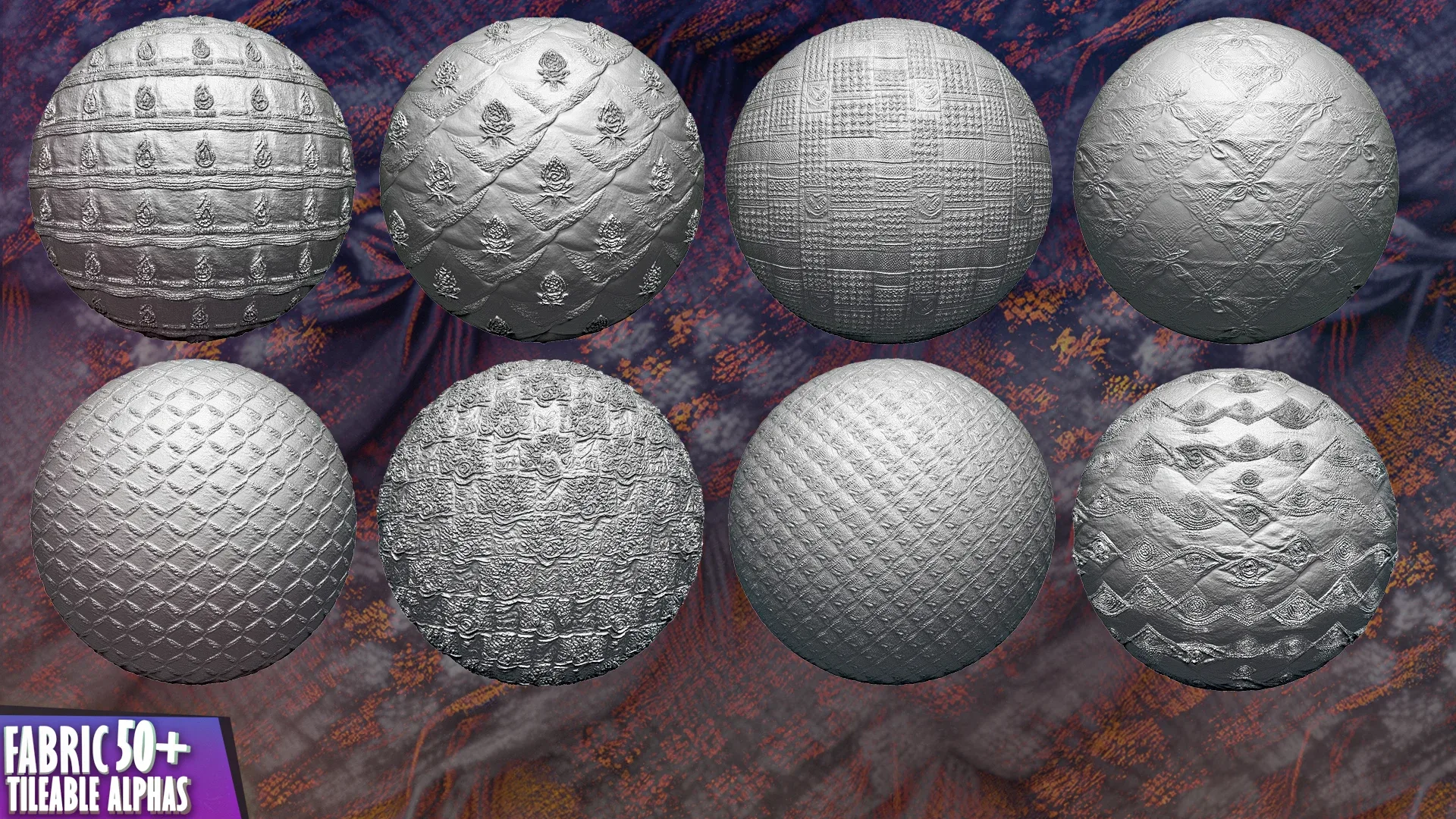 50+ Fabric Tileable Alphas Vol.11 (ZBrush, Substance, Displacement Map)