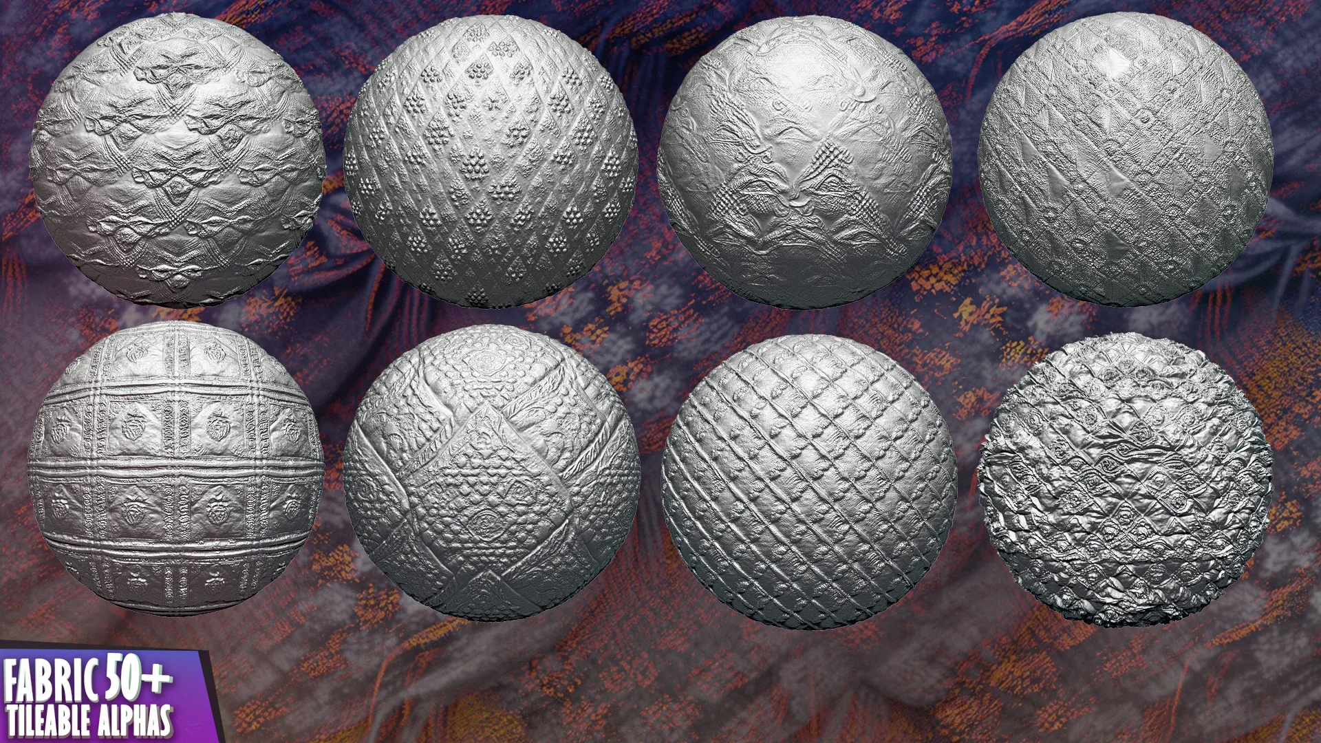50+ Fabric Tileable Alphas Vol.11 (ZBrush, Substance, Displacement Map)
