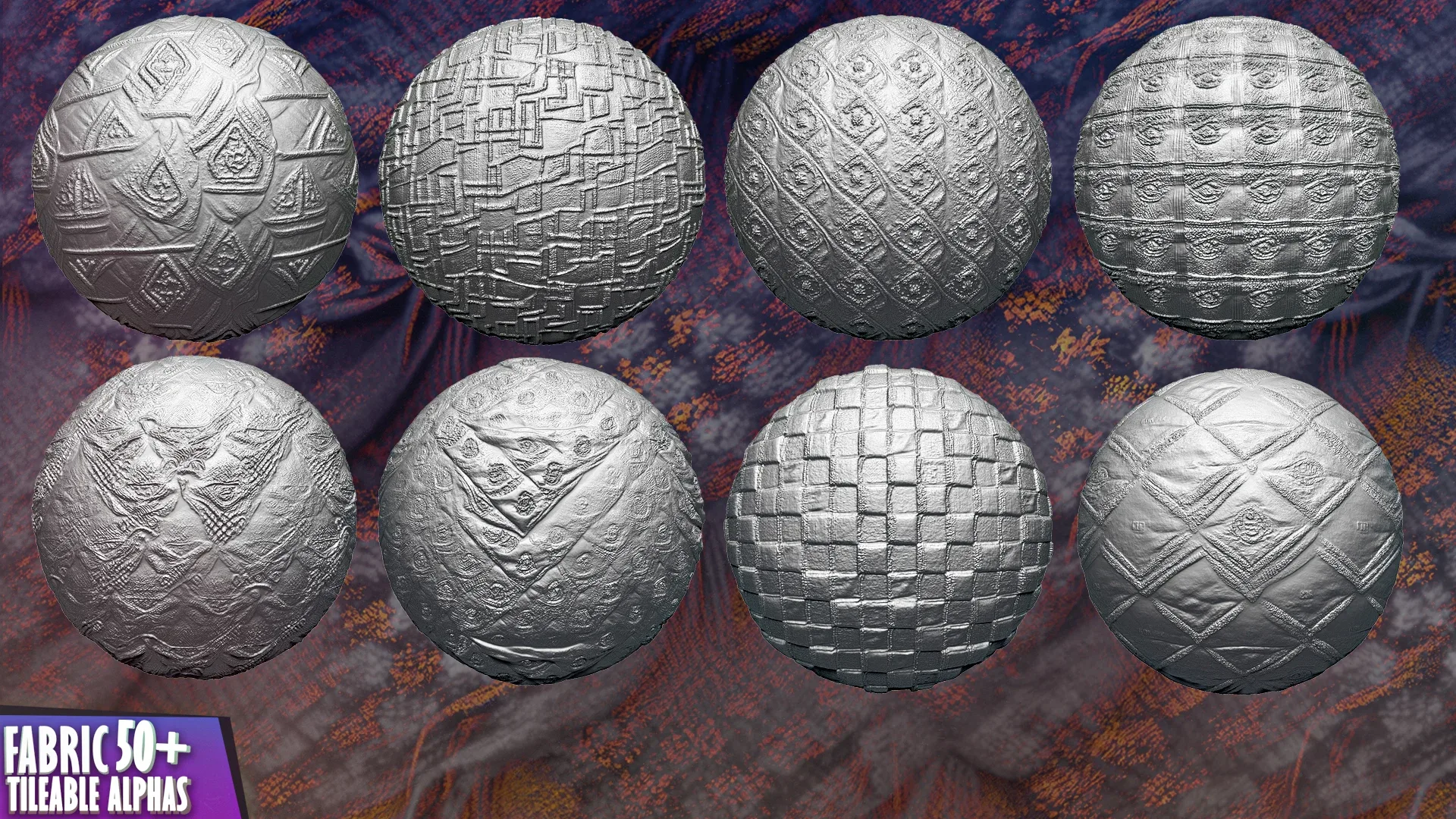 50+ Fabric Tileable Alphas Vol.11 (ZBrush, Substance, Displacement Map)