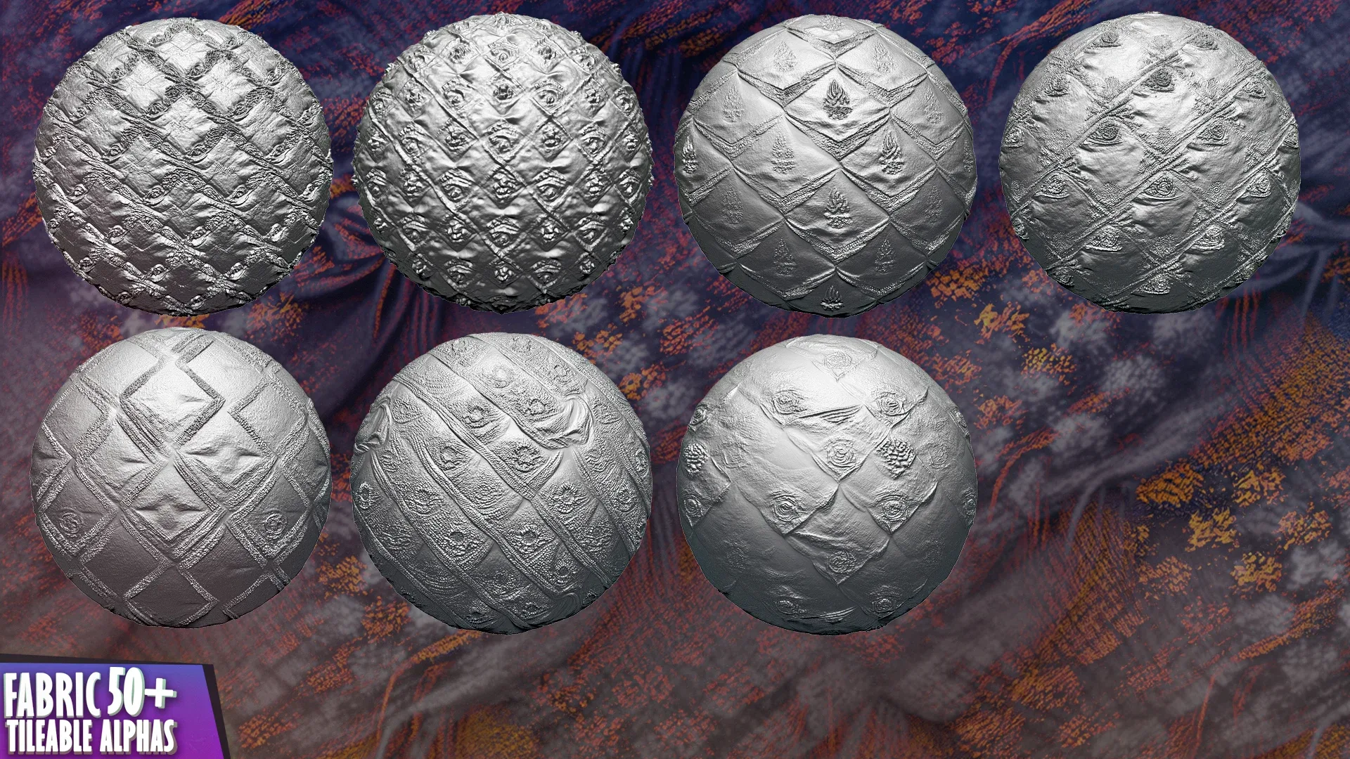 50+ Fabric Tileable Alphas Vol.11 (ZBrush, Substance, Displacement Map)