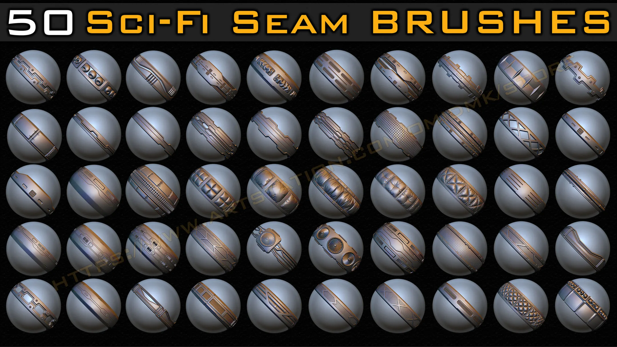 50 Sci-fi Seam Brushes + Alpha ( Tileable 4k-16bit) Vol.03