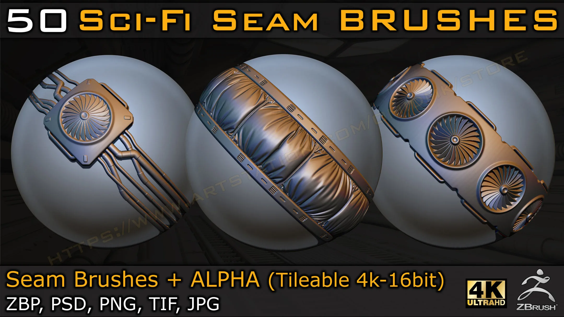 50 Sci-fi Seam Brushes + Alpha ( Tileable 4k-16bit) Vol.03