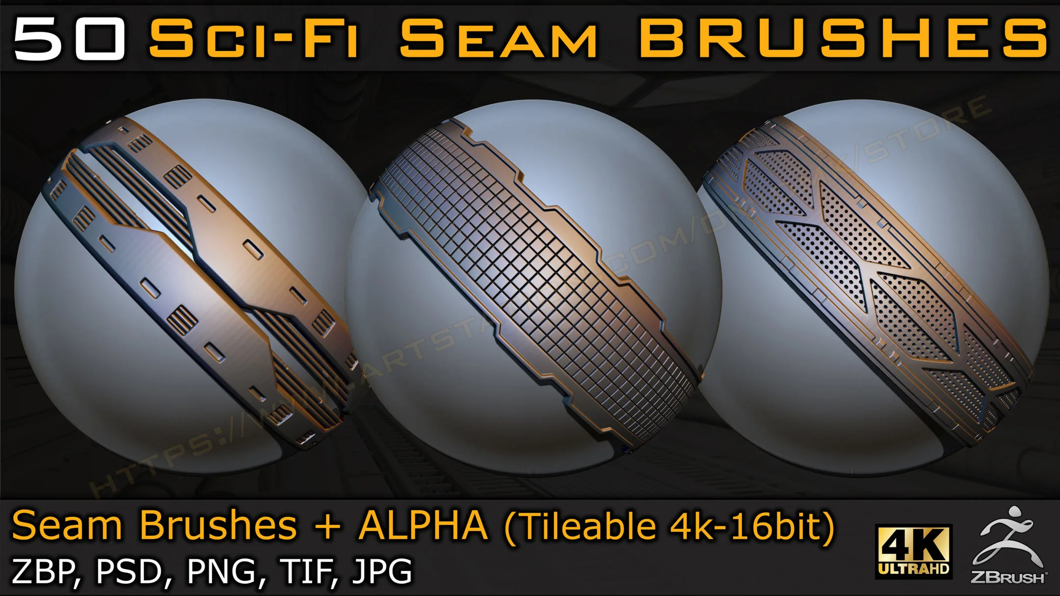 50 Sci-fi Seam Brushes + Alpha ( Tileable 4k-16bit) Vol.03