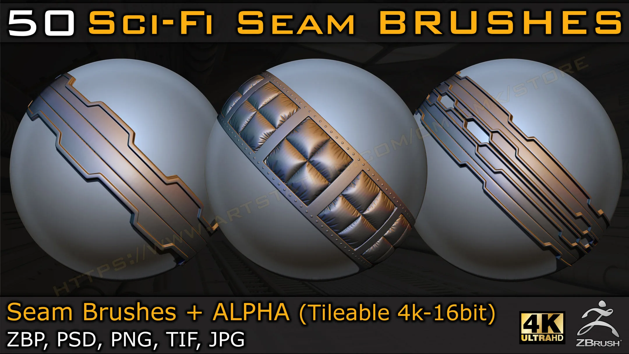 50 Sci-fi Seam Brushes + Alpha ( Tileable 4k-16bit) Vol.03