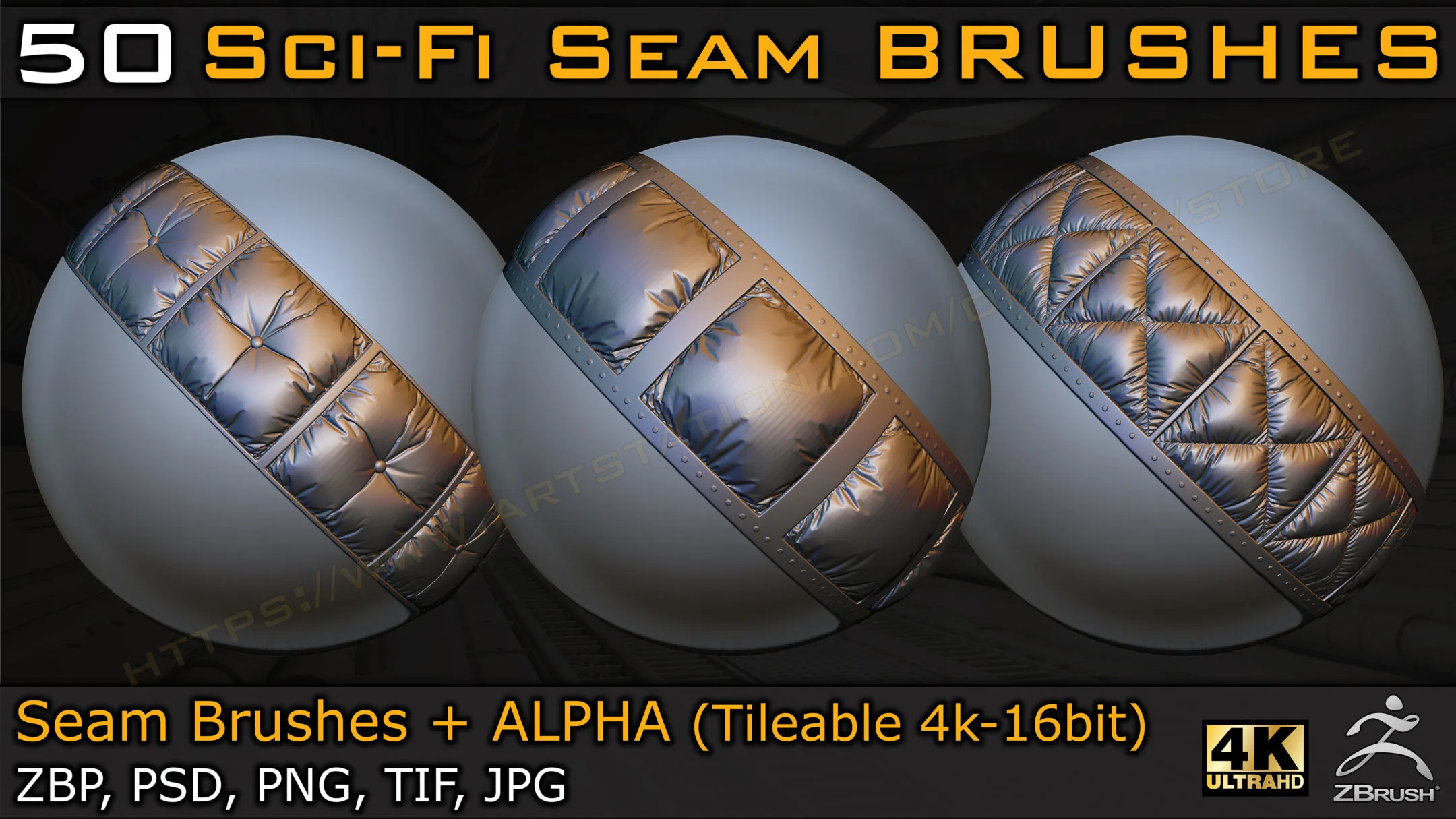 50 Sci-fi Seam Brushes + Alpha ( Tileable 4k-16bit) Vol.03