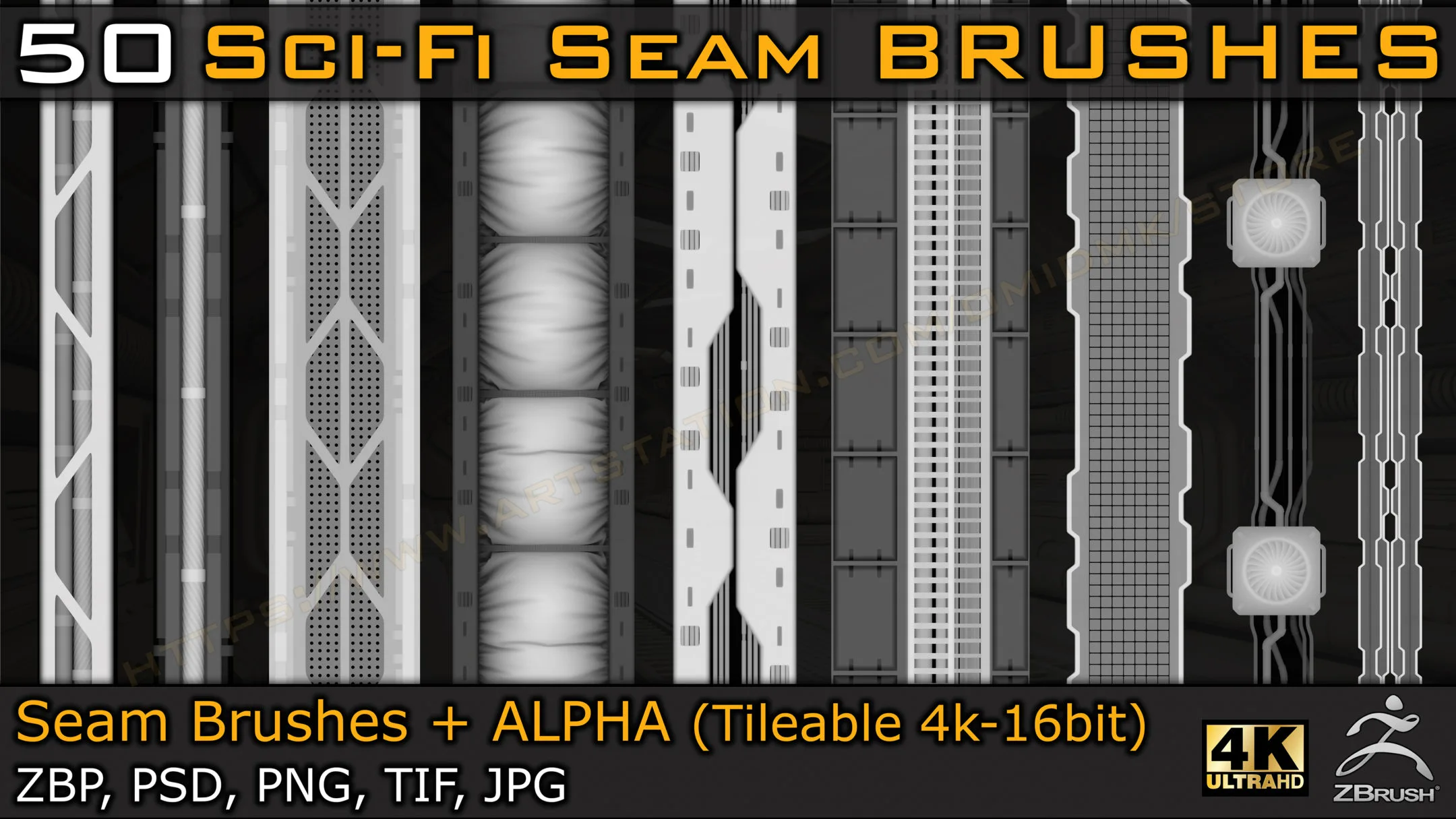 50 Sci-fi Seam Brushes + Alpha ( Tileable 4k-16bit) Vol.03