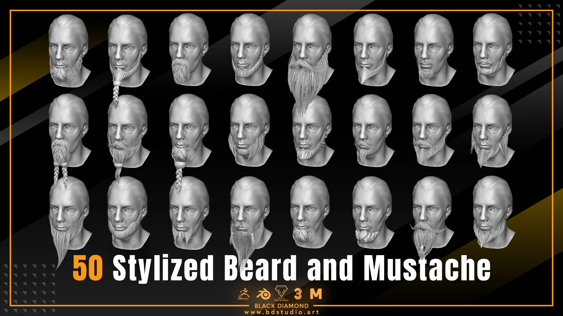 50 Stylized Beard and Mustache - For All 3D Software