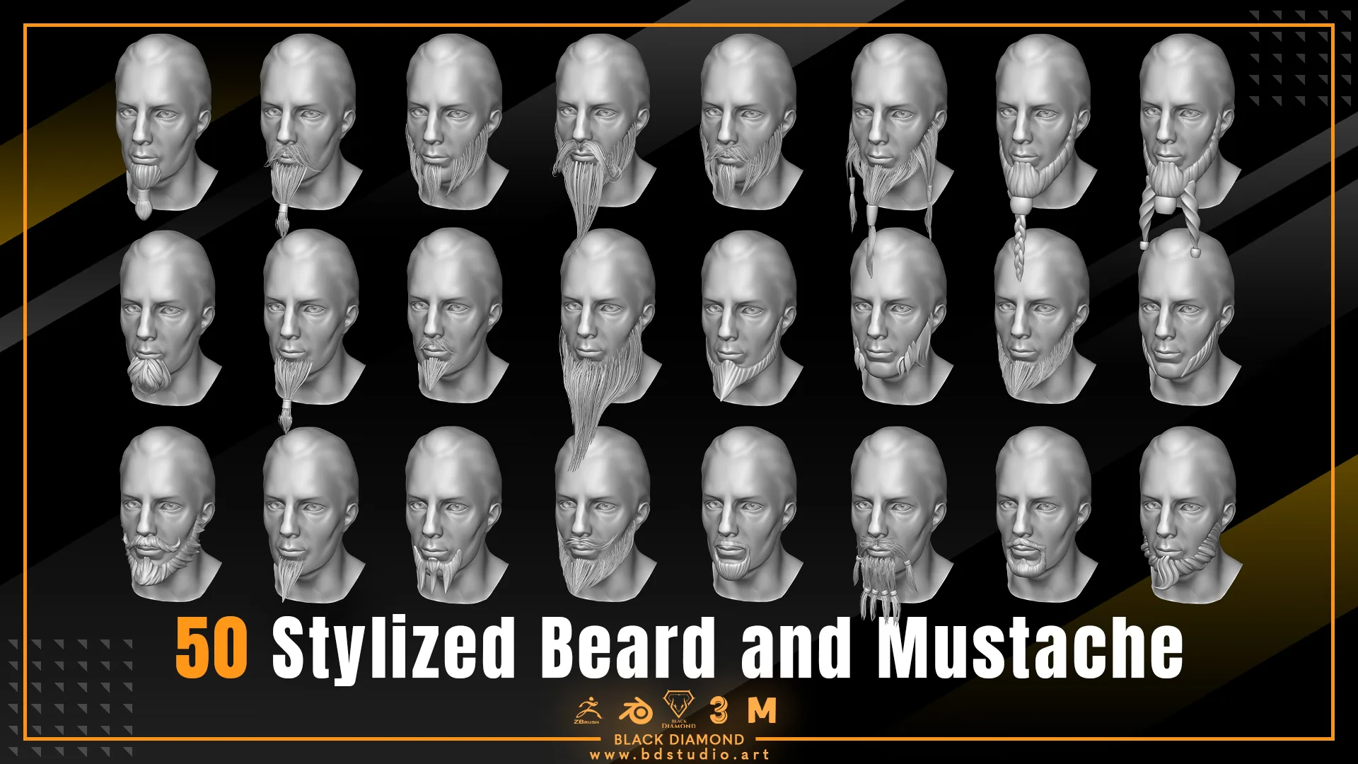 50 Stylized Beard and Mustache - For All 3D Software