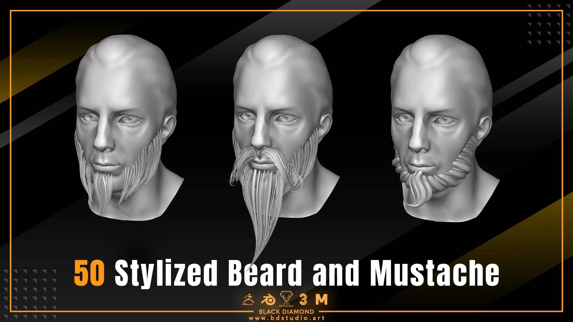 50 Stylized Beard and Mustache - For All 3D Software