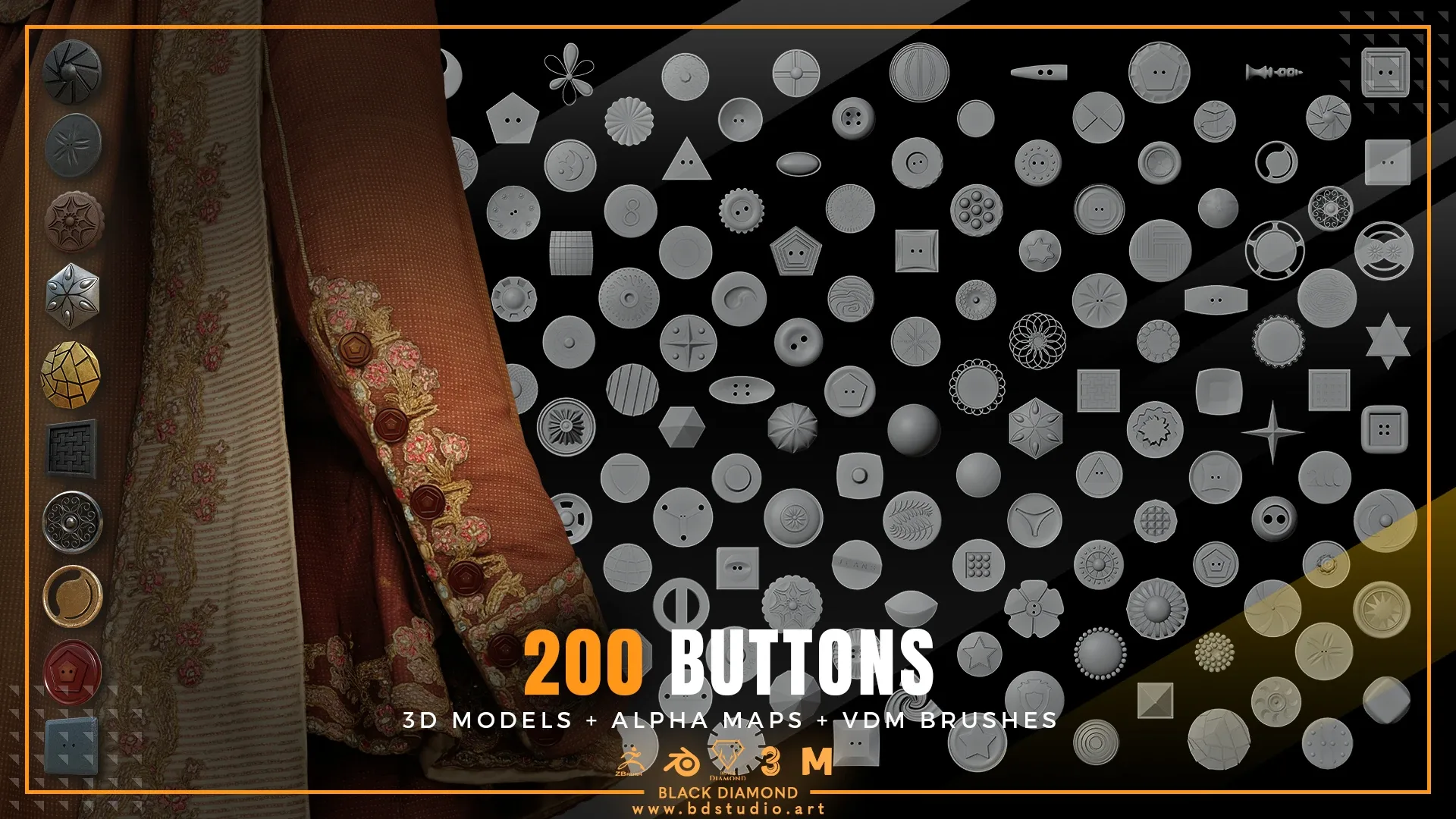 200 BUTTONS ( 3D MODELS + ALPHA MAPS + VDM BRUSHES )