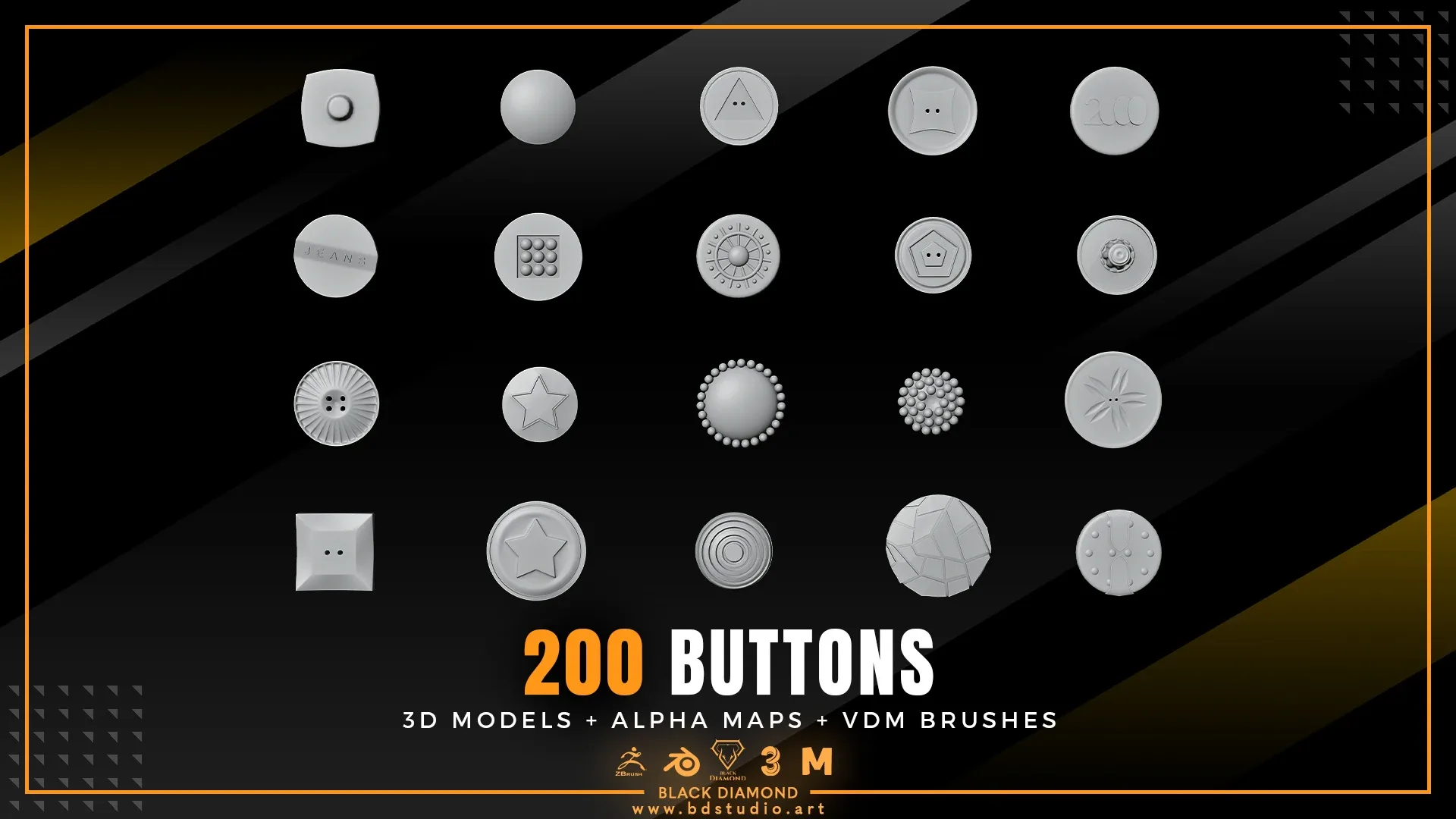 200 BUTTONS ( 3D MODELS + ALPHA MAPS + VDM BRUSHES )