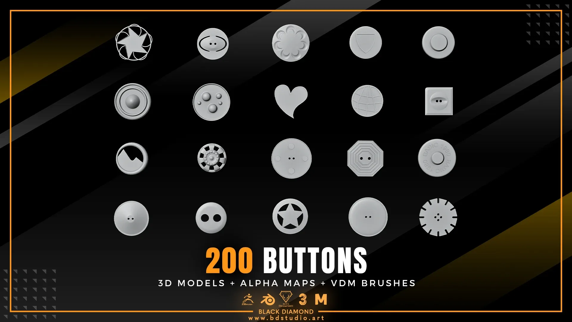 200 BUTTONS ( 3D MODELS + ALPHA MAPS + VDM BRUSHES )