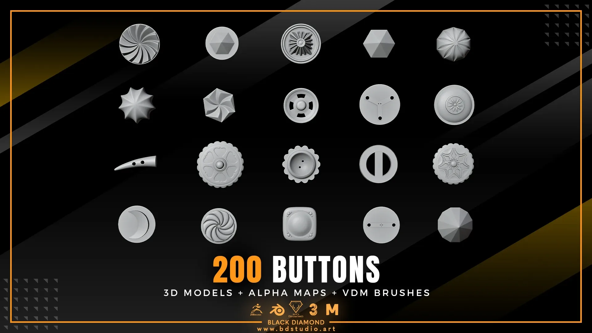 200 BUTTONS ( 3D MODELS + ALPHA MAPS + VDM BRUSHES )