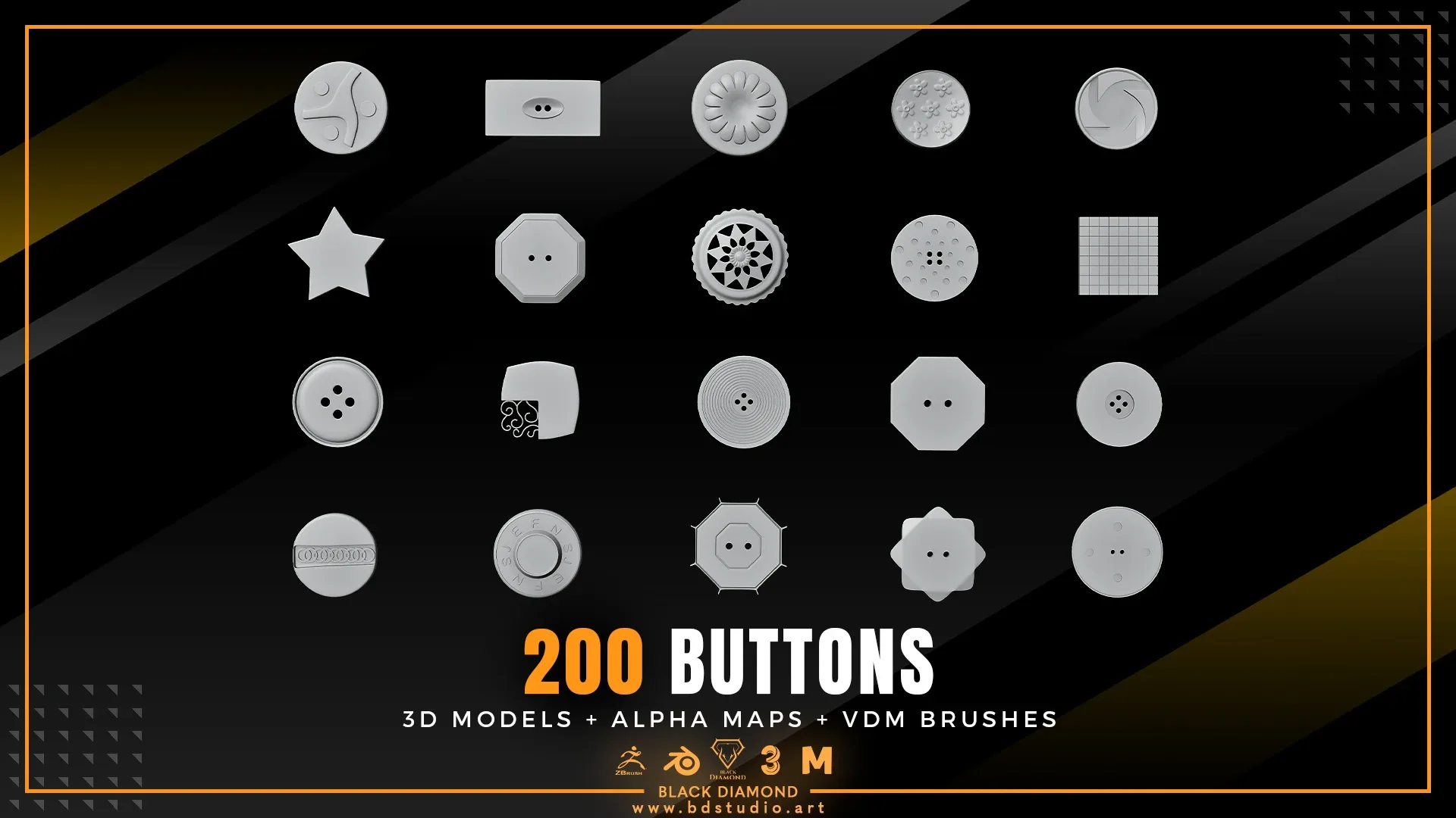 200 BUTTONS ( 3D MODELS + ALPHA MAPS + VDM BRUSHES )