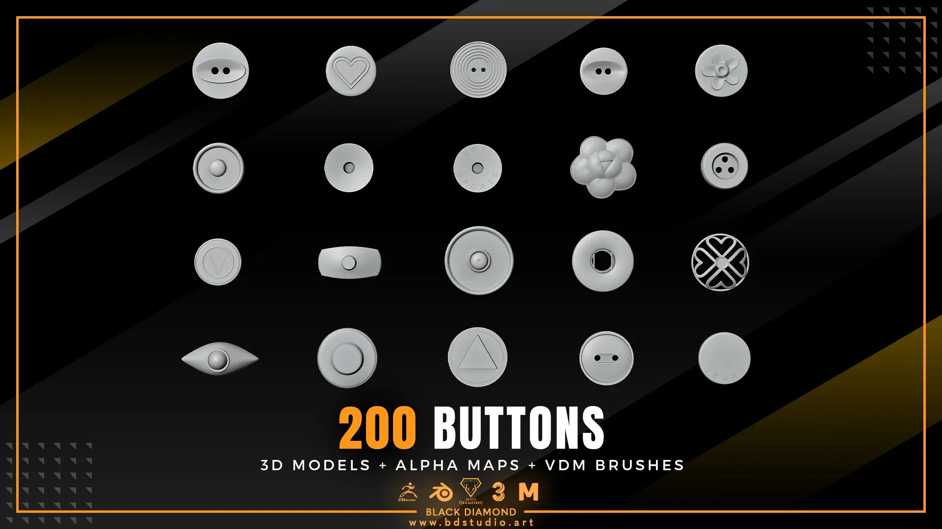 200 BUTTONS ( 3D MODELS + ALPHA MAPS + VDM BRUSHES )