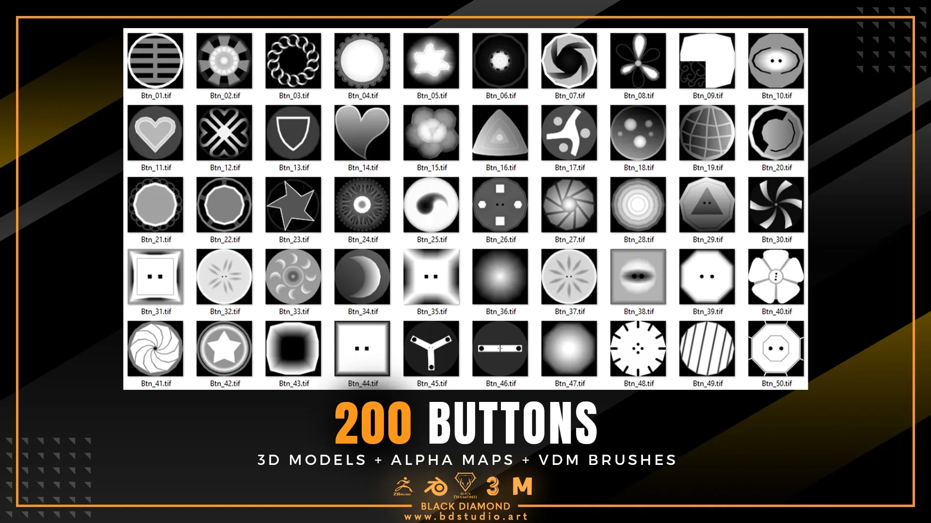 200 BUTTONS ( 3D MODELS + ALPHA MAPS + VDM BRUSHES )