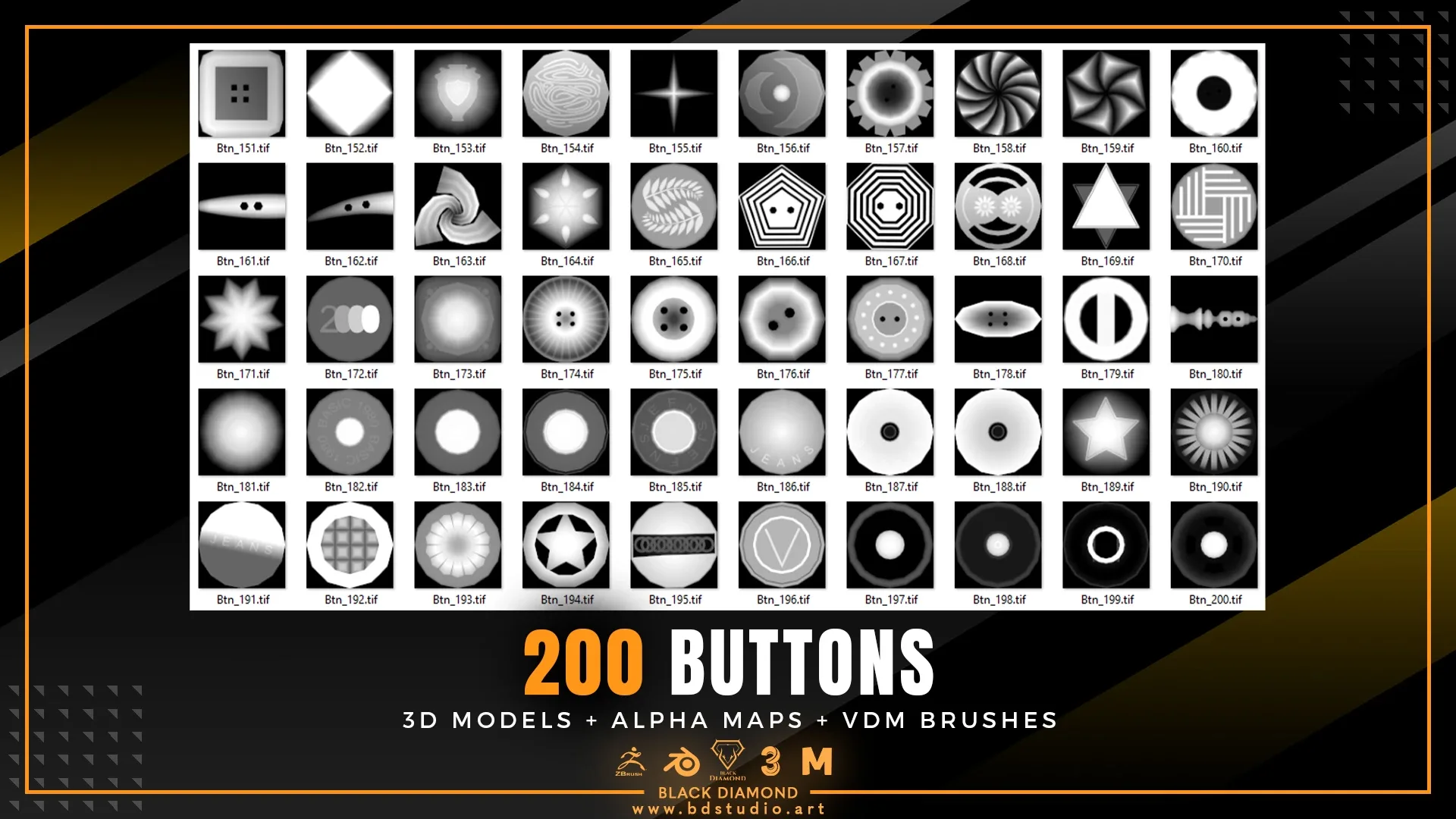 200 BUTTONS ( 3D MODELS + ALPHA MAPS + VDM BRUSHES )