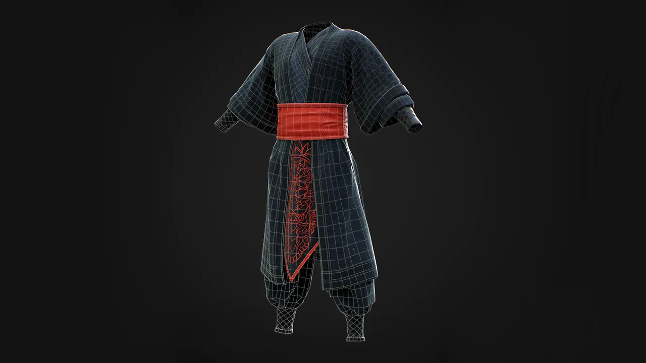 Asian Man Outfit-Samurai / Marvelous Designer Clo3d Project + OBJ , FBX (Game Ready)