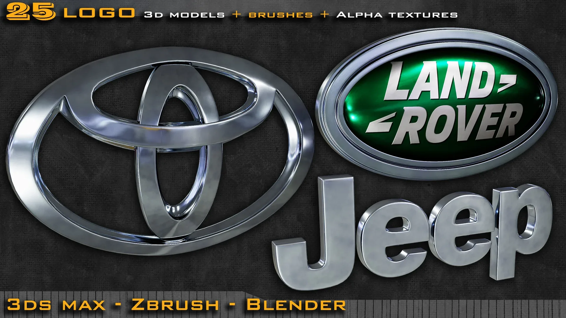 25 Car Logo 3d model + ZBrush and Blender Brushes + Alpha Texture