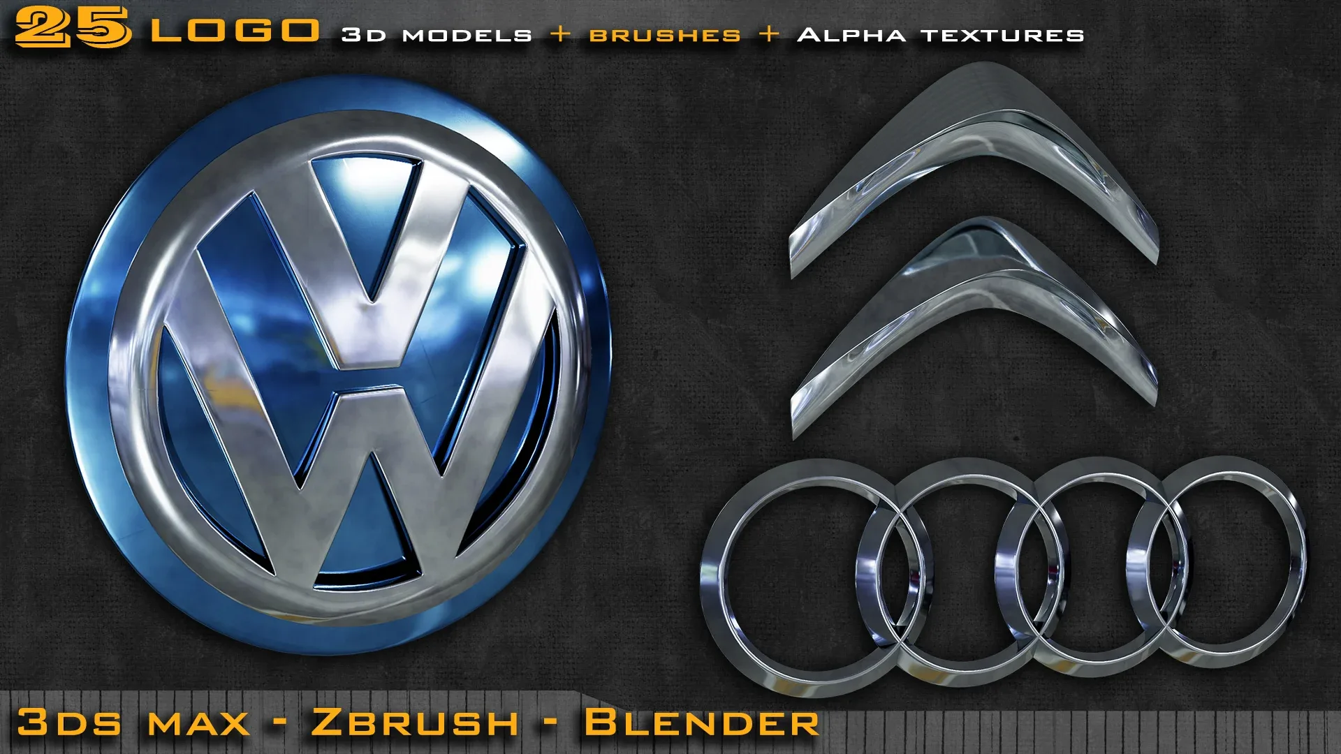 25 Car Logo 3d model + ZBrush and Blender Brushes + Alpha Texture