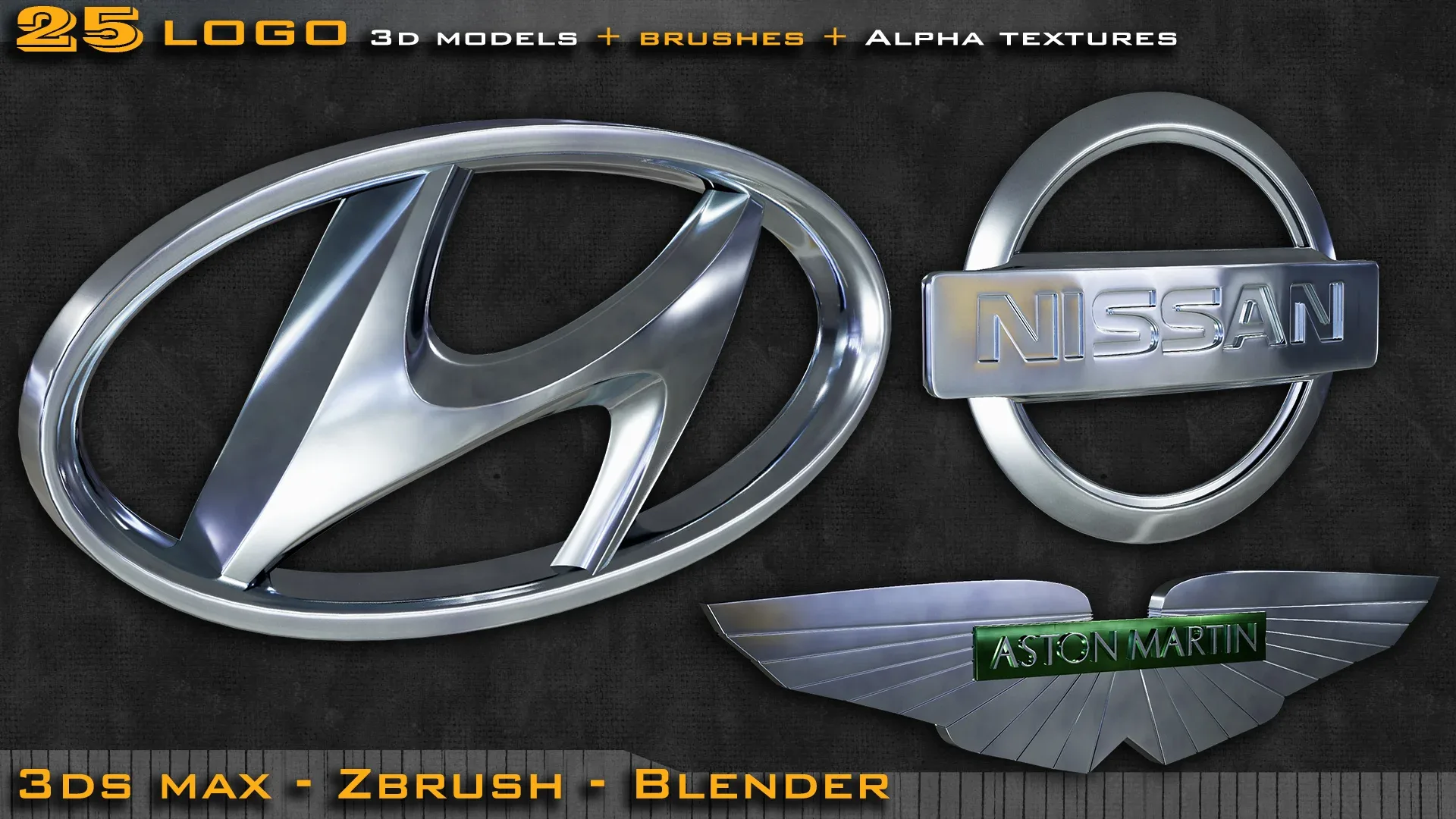 25 Car Logo 3d model + ZBrush and Blender Brushes + Alpha Texture