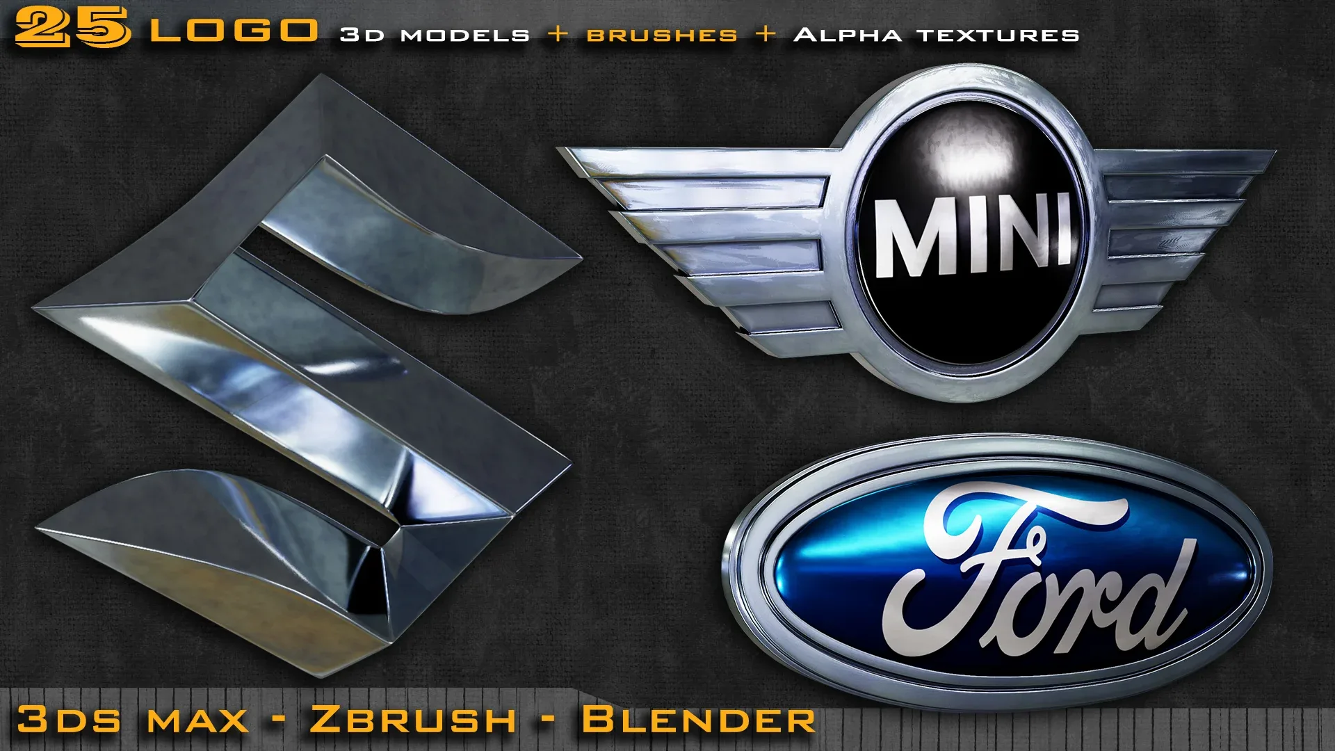 25 Car Logo 3d model + ZBrush and Blender Brushes + Alpha Texture